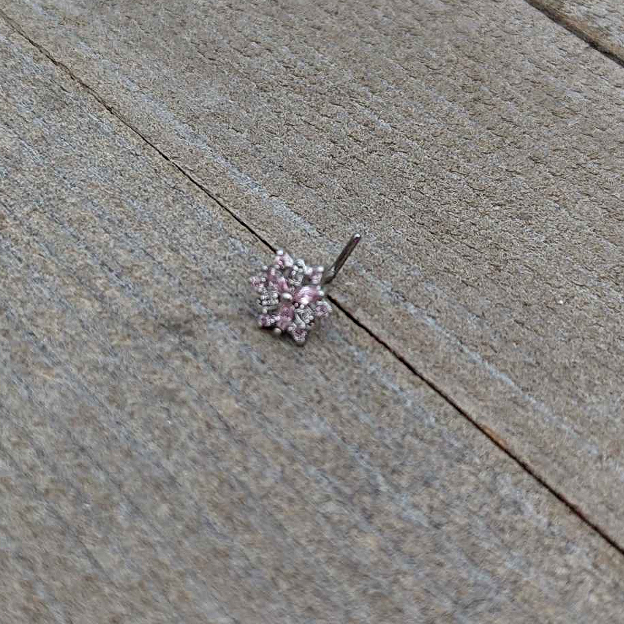 20G 7mm Pink Clear CZ Gem Snowflake L Shape Nose Ring