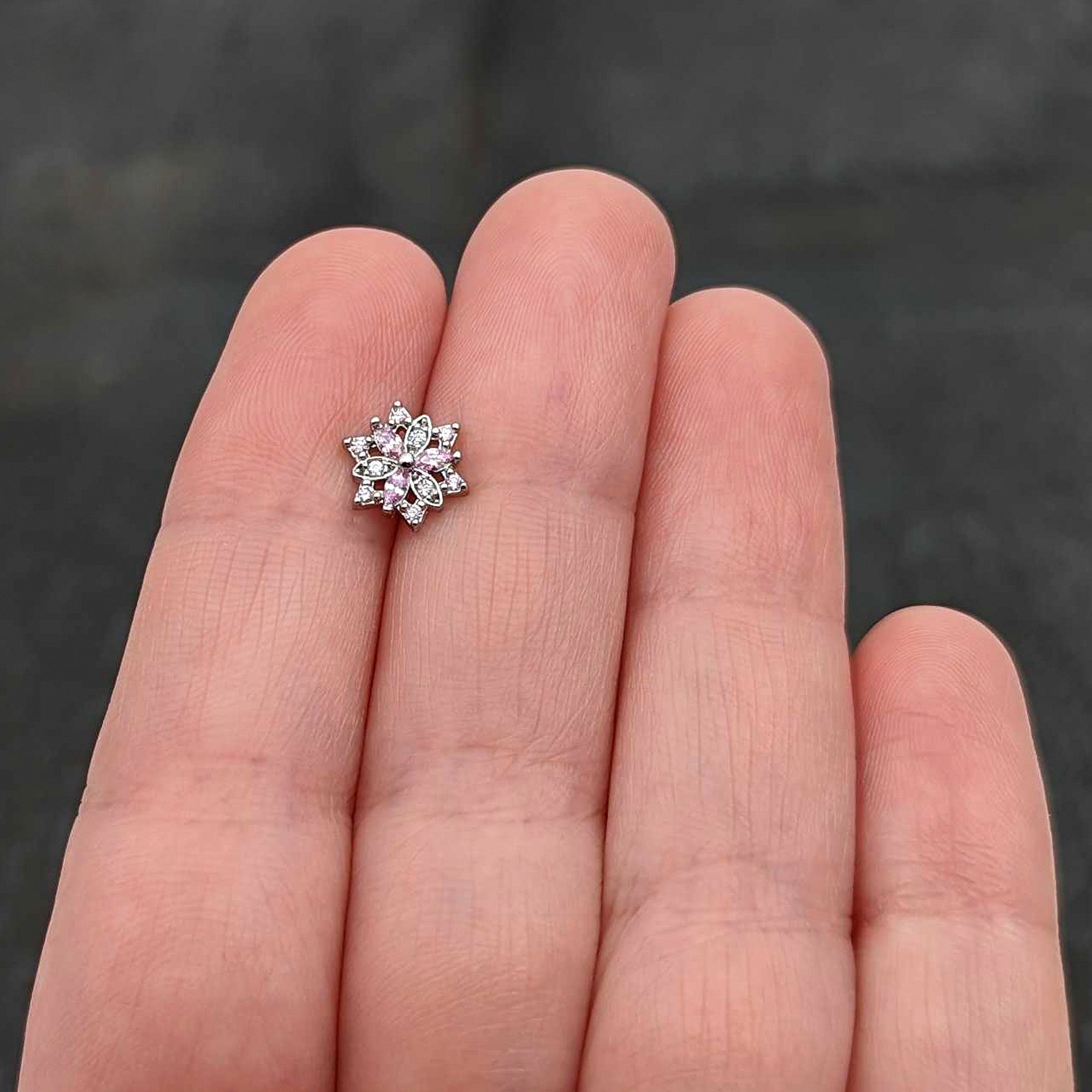 20G 7mm Pink Clear CZ Gem Snowflake L Shape Nose Ring