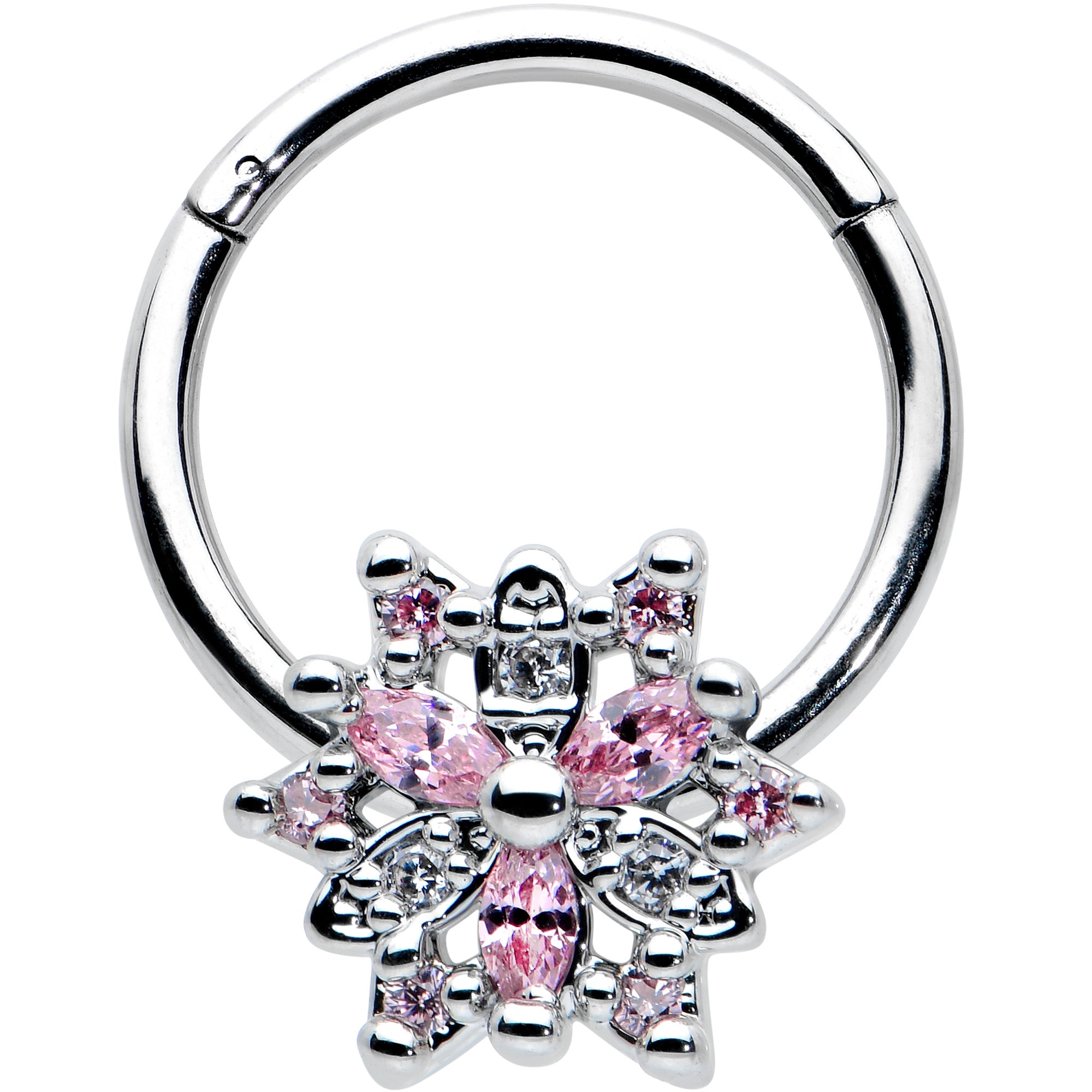 16G 3/8 Clear Pink CZ Gem Snowflake Hinged Circular Ring