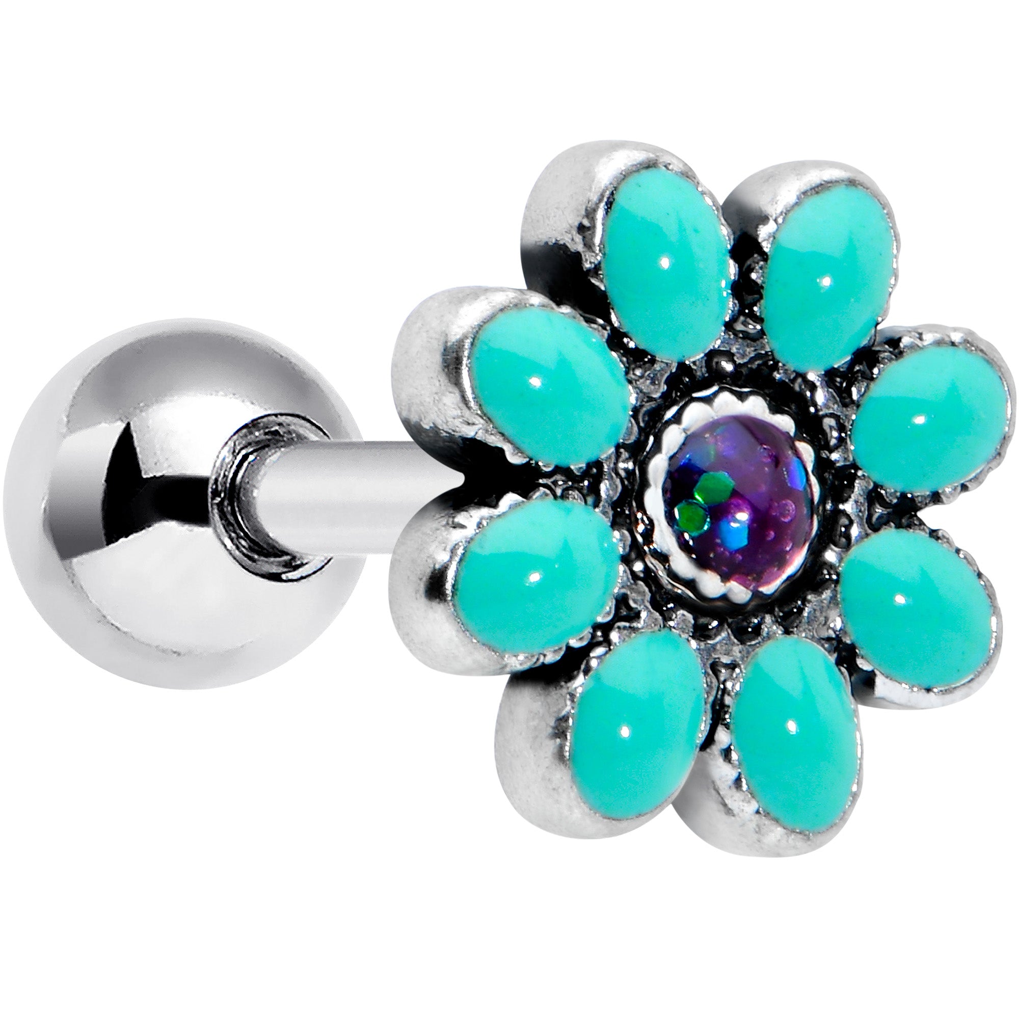 16G 1/4 Blue Gem Flower Teal Petals Cartilage Tragus Earring