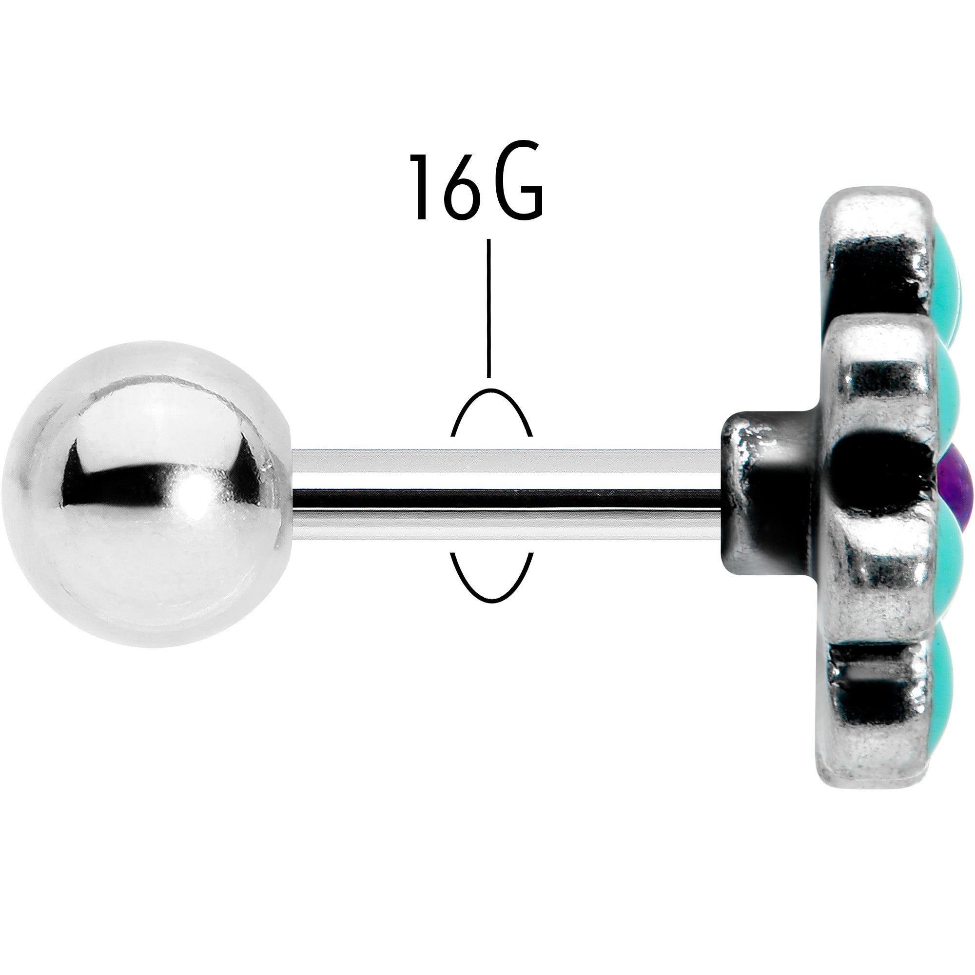 16G 1/4 Blue Gem Flower Teal Petals Cartilage Tragus Earring