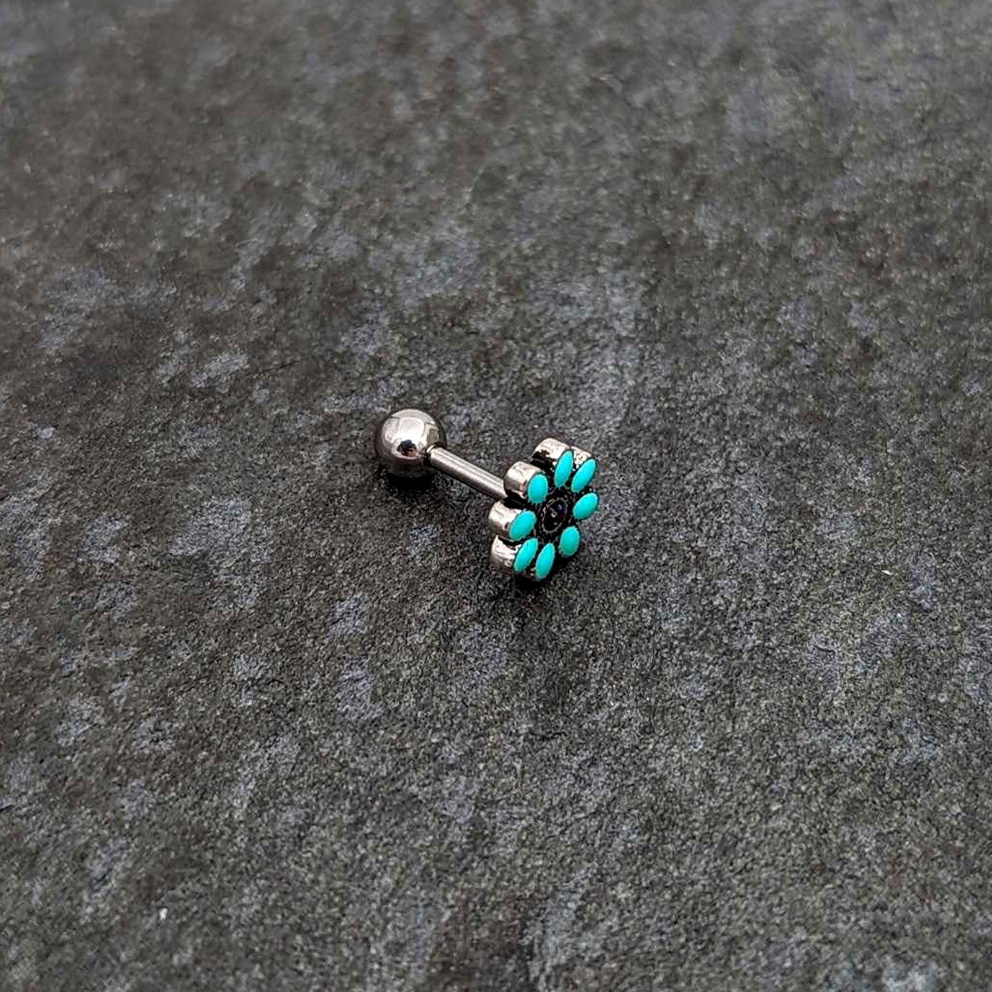 16G 1/4 Blue Gem Flower Teal Petals Cartilage Tragus Earring
