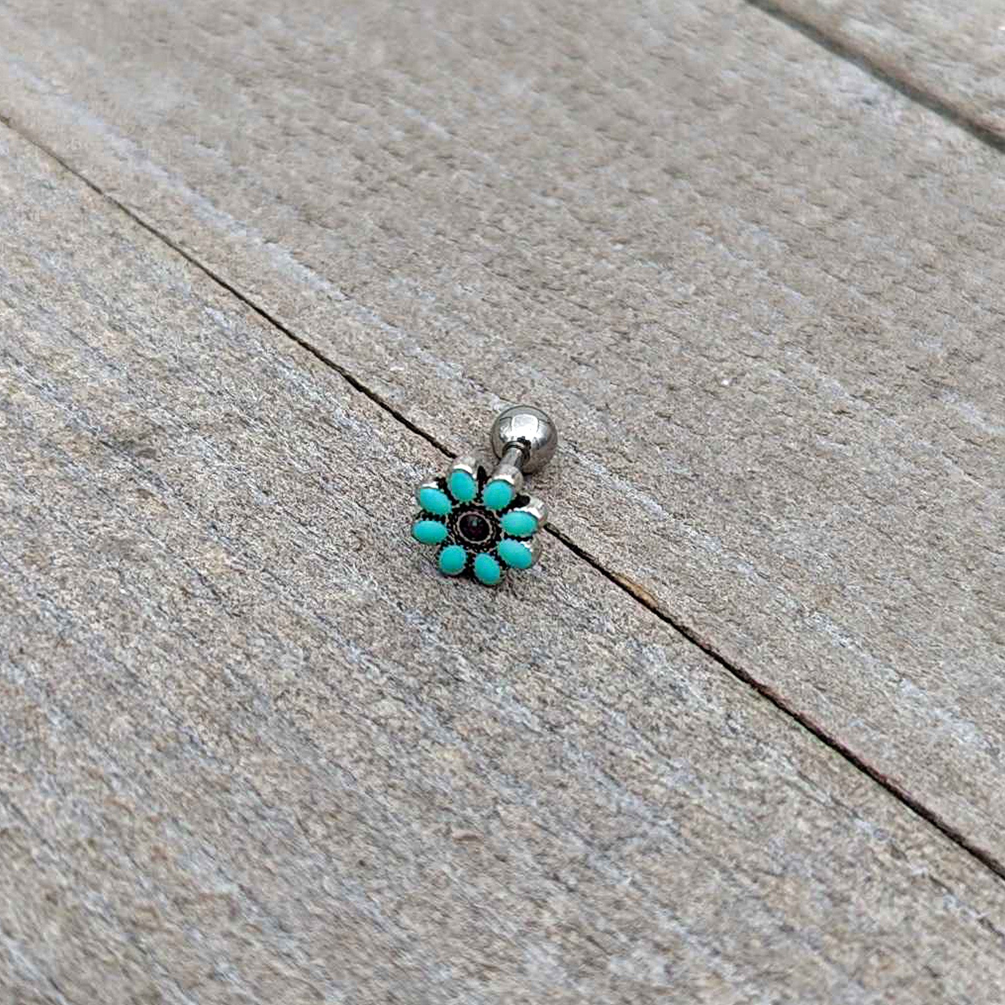 16G 1/4 Blue Gem Flower Teal Petals Cartilage Tragus Earring