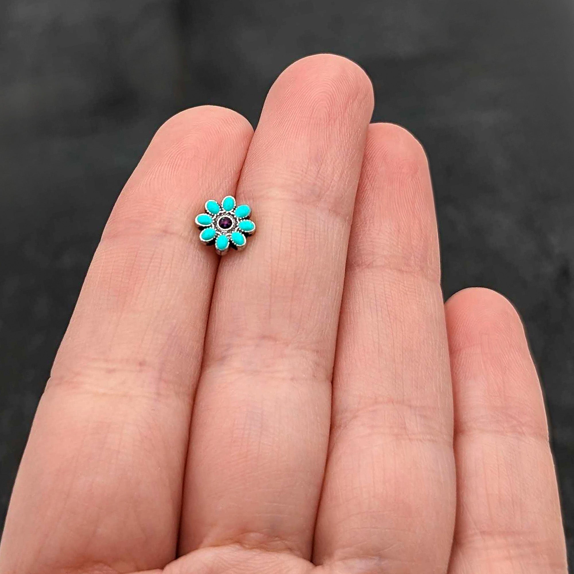 16G 1/4 Blue Gem Flower Teal Petals Cartilage Tragus Earring