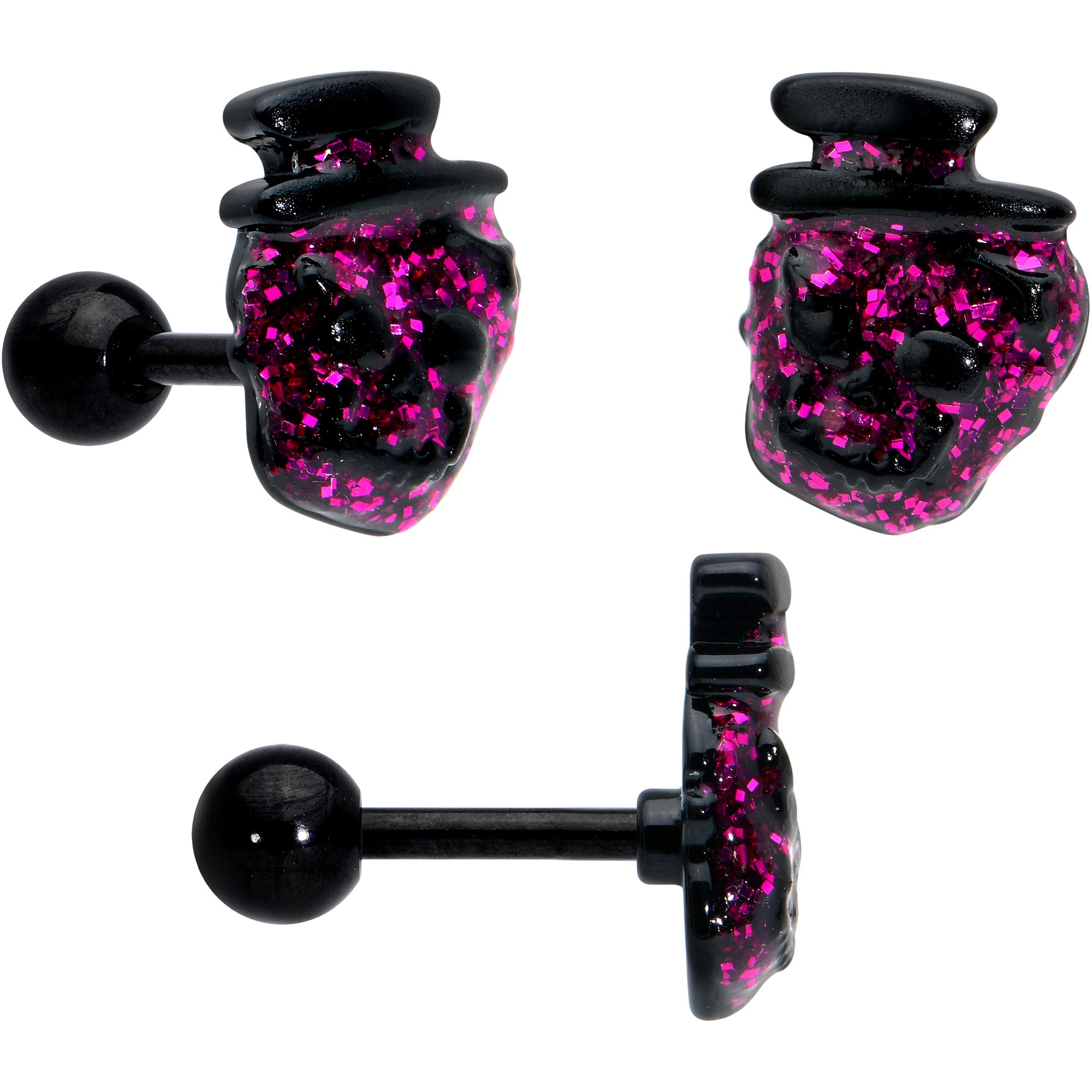 16G 1/4 Black Halloween Skull Bat Reaper Cartilage Earring Set of 3