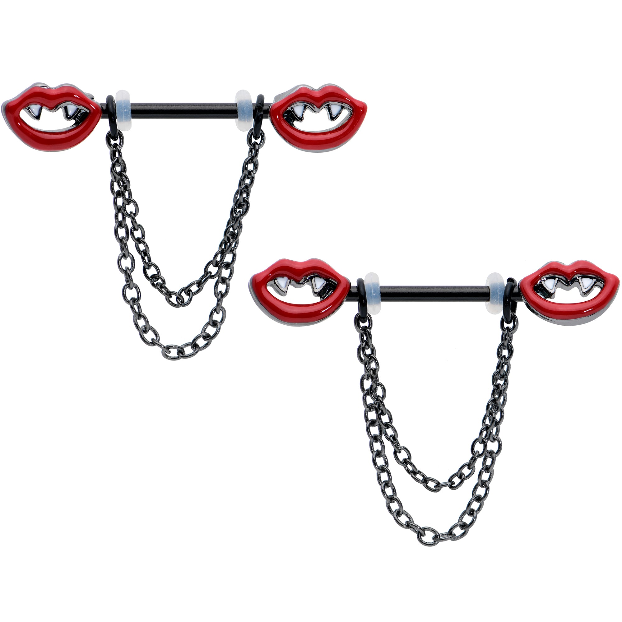 14G 11/16 Black Vampire Fangs Chain Dangle Nipple Ring Set