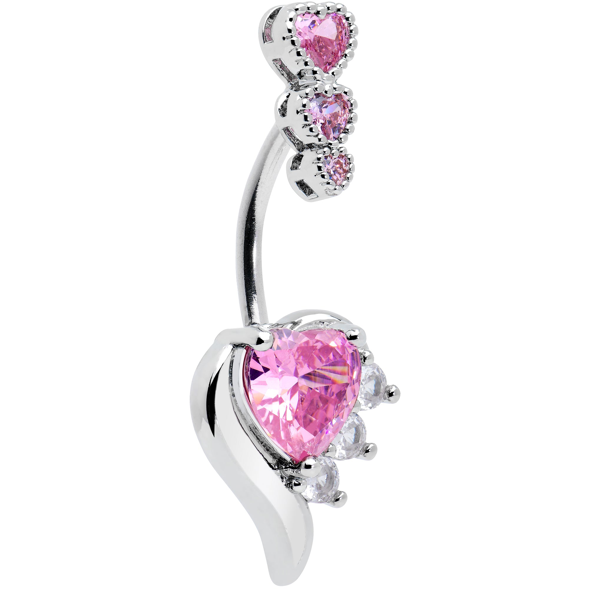 Pink CZ Gem Triple Drop Flare Heart Valentine Double Mount Belly Ring