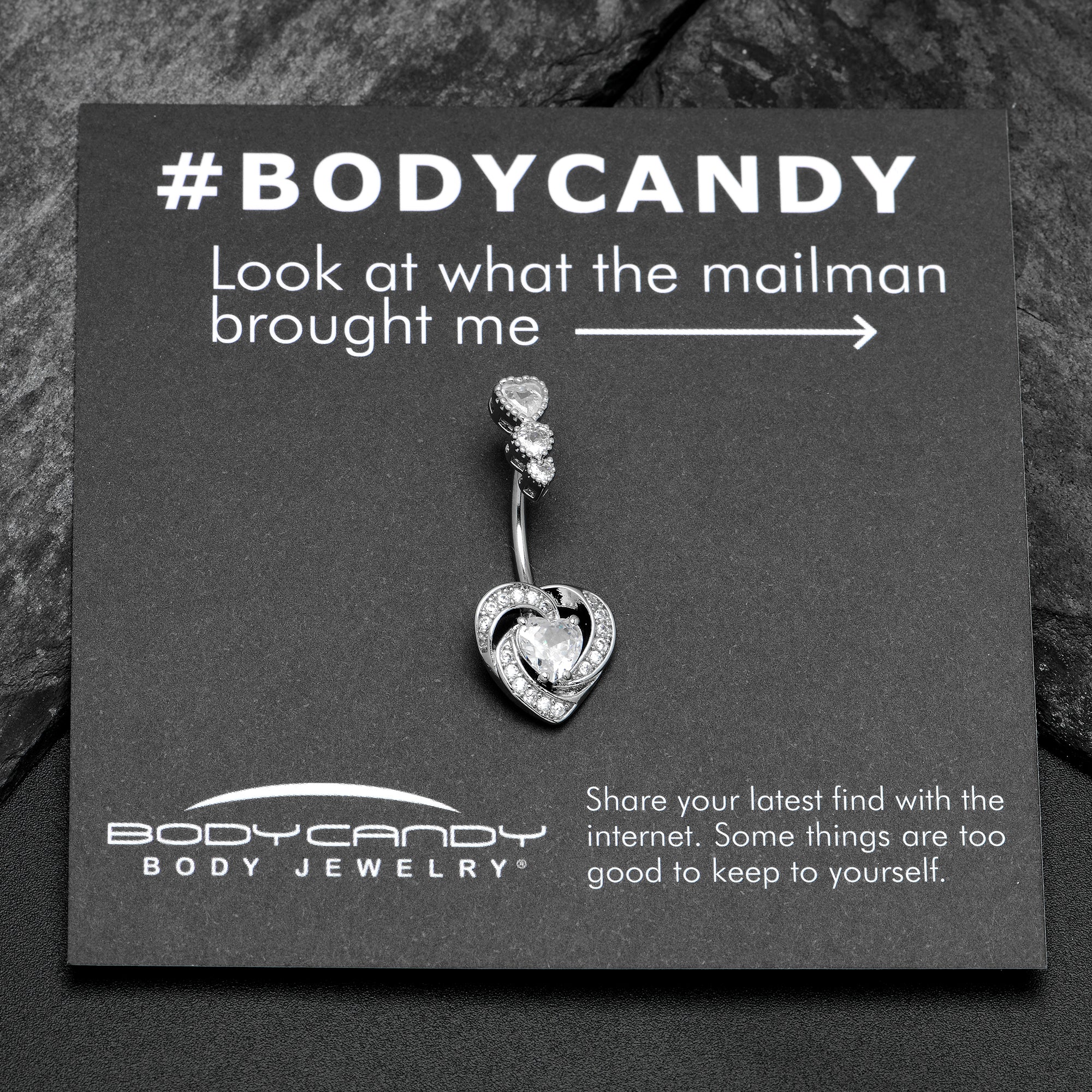 Clear CZ Gem Triple Drop Swirl Heart Valentine Double Mount Belly Ring