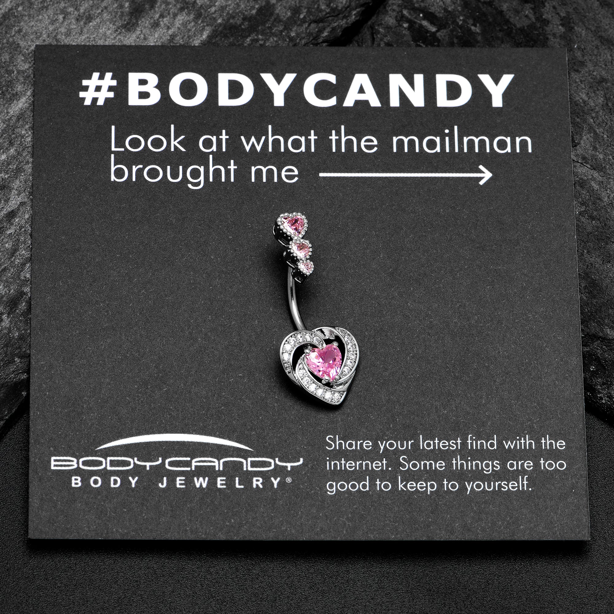 Pink CZ Gem Triple Drop Swirl Heart Valentine Double Mount Belly Ring