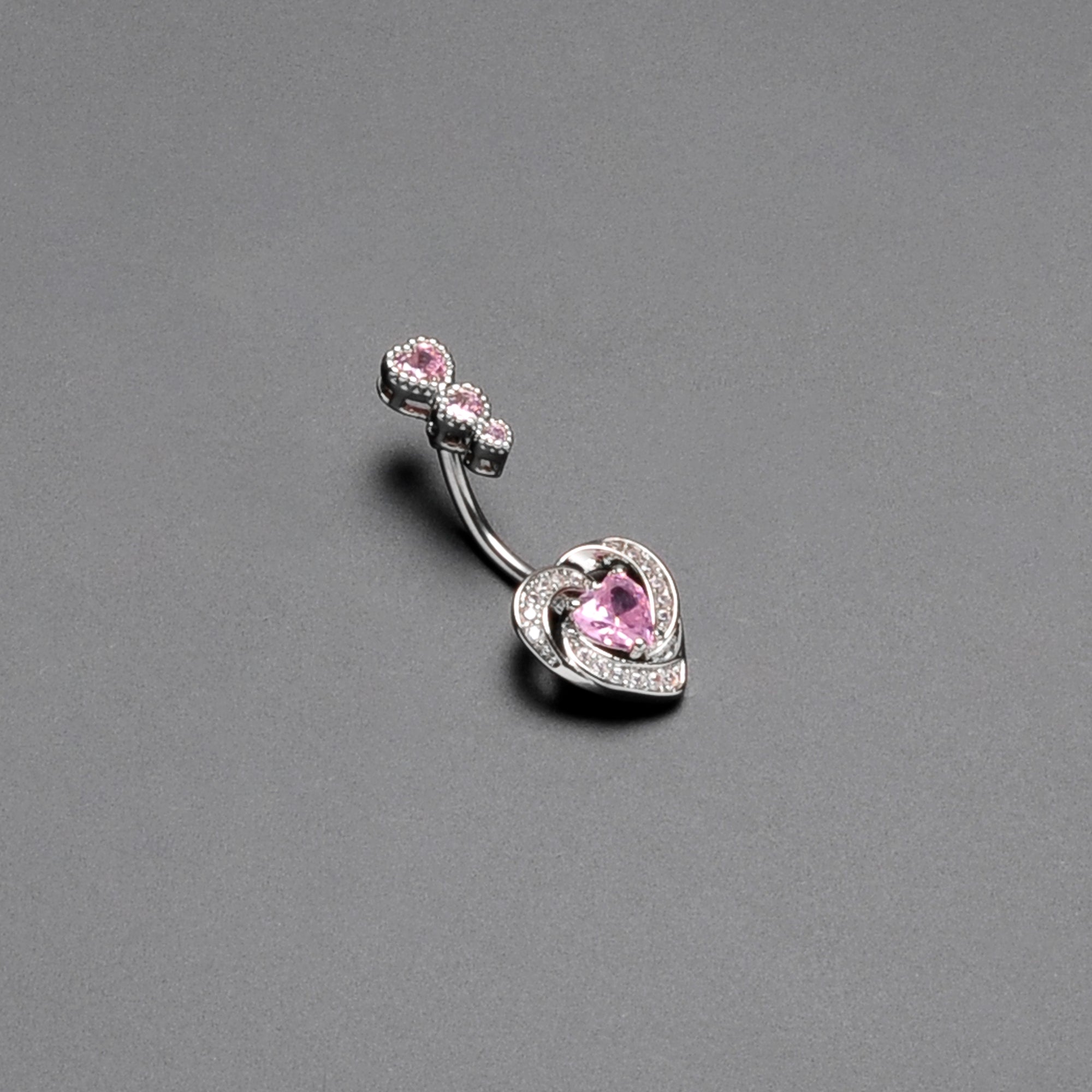 Pink CZ Gem Triple Drop Swirl Heart Valentine Double Mount Belly Ring