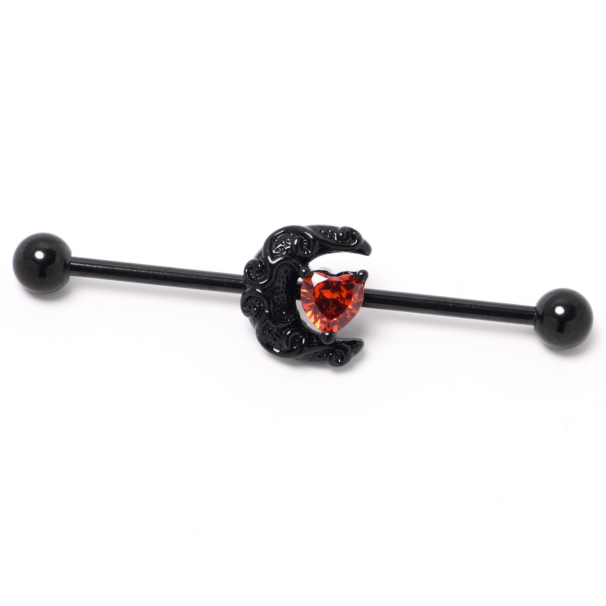14G Red CZ Gem Black Scroll Moon Heart Industrial Barbell 38mm