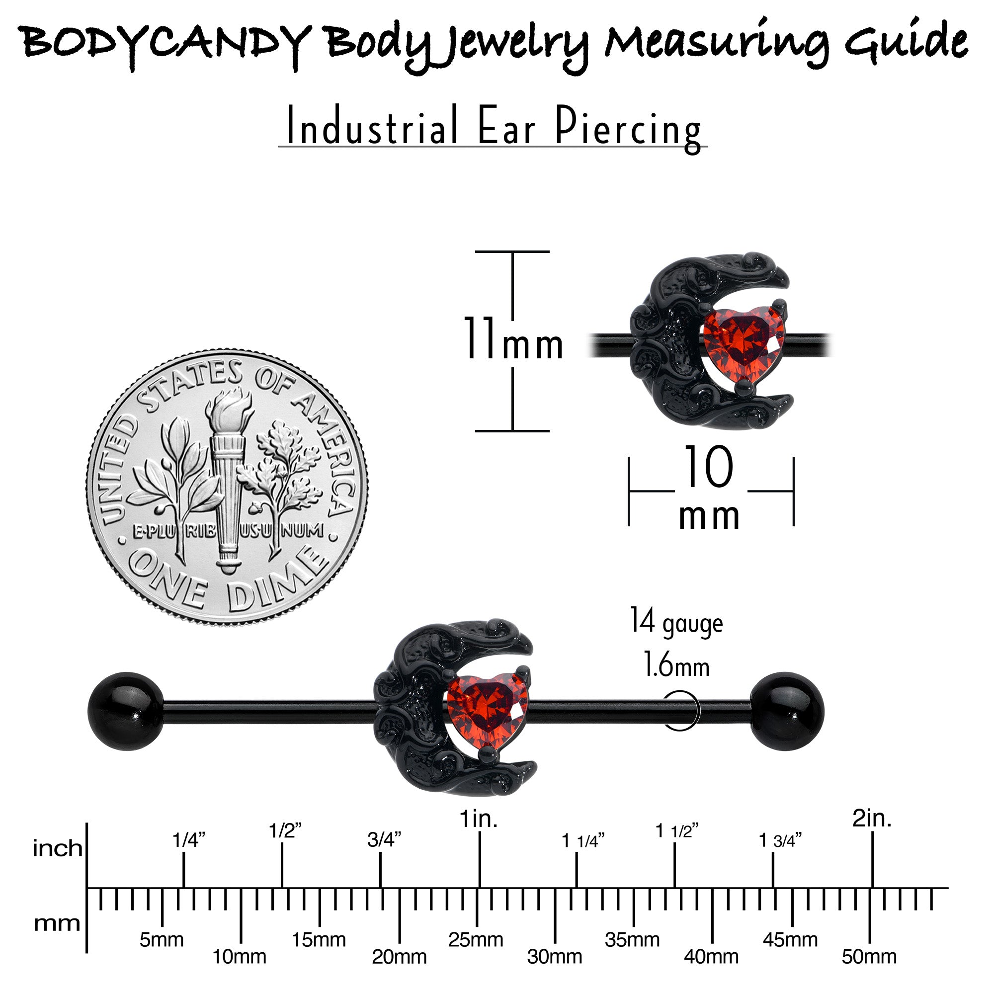 14G Red CZ Gem Black Scroll Moon Heart Industrial Barbell 38mm
