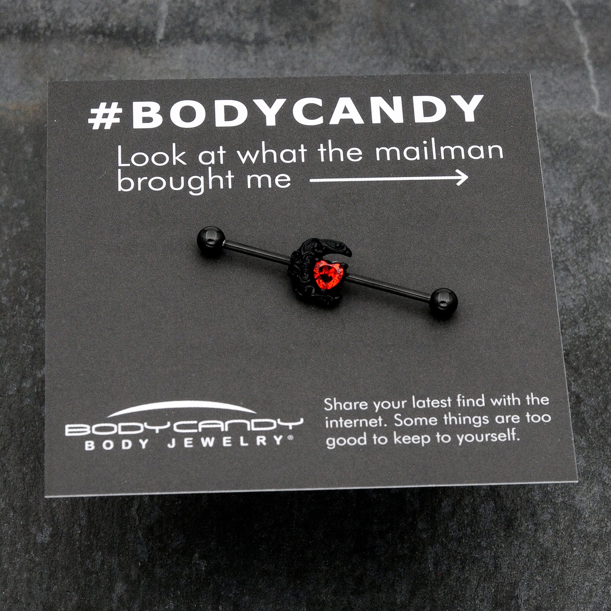 14G Red CZ Gem Black Scroll Moon Heart Industrial Barbell 38mm