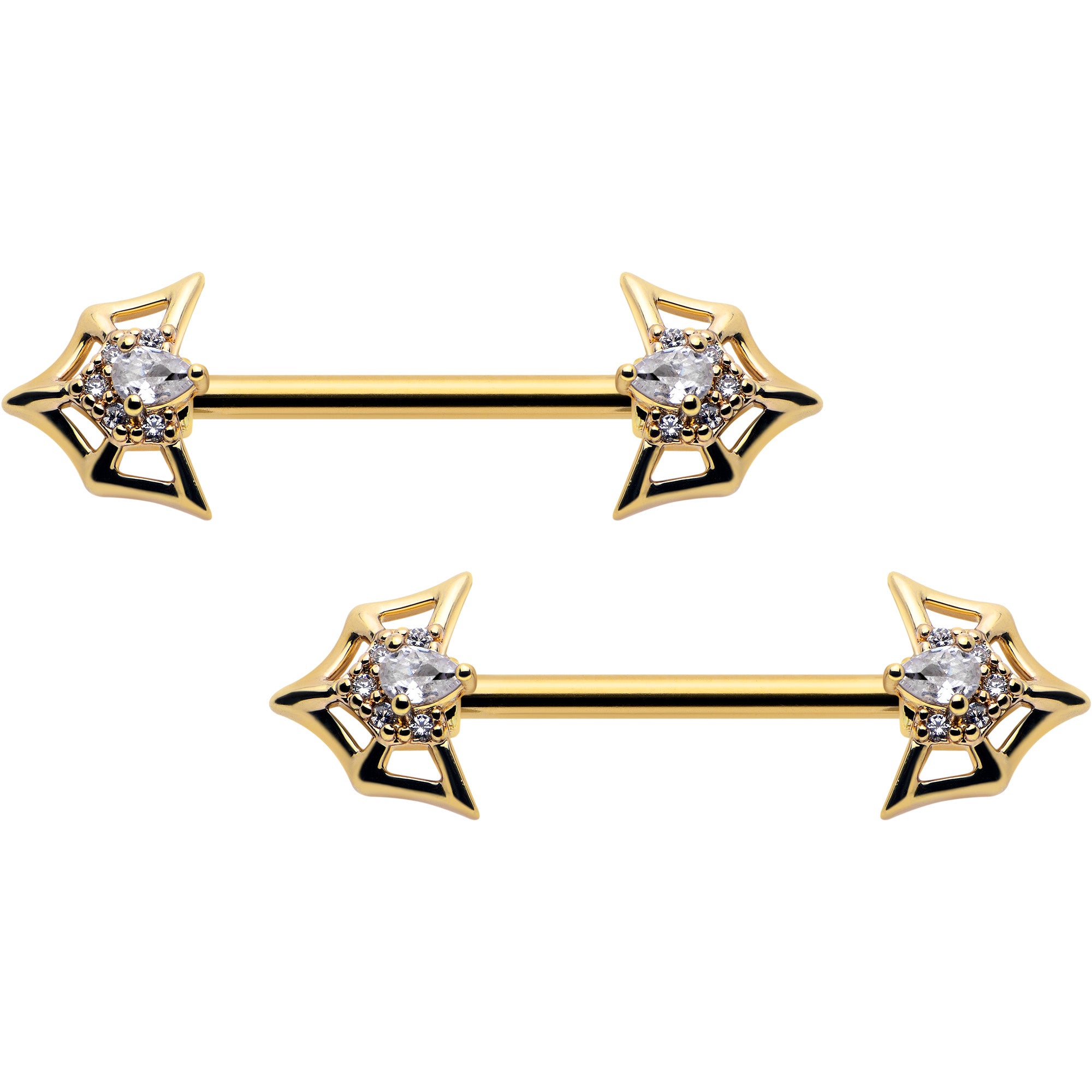 14G 5/8 Clear Gem Gold Tone Spider Bat Barbell Nipple Ring Set