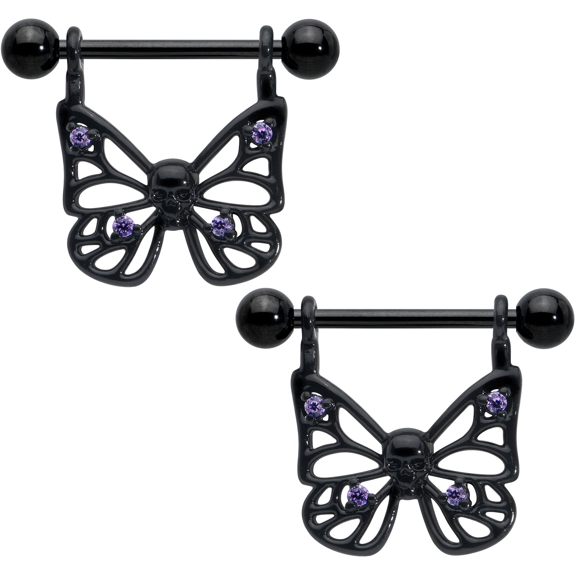 14G 11/16 Purple CZ Gem Black Skull Butterfly Dangle Nipple Ring Set