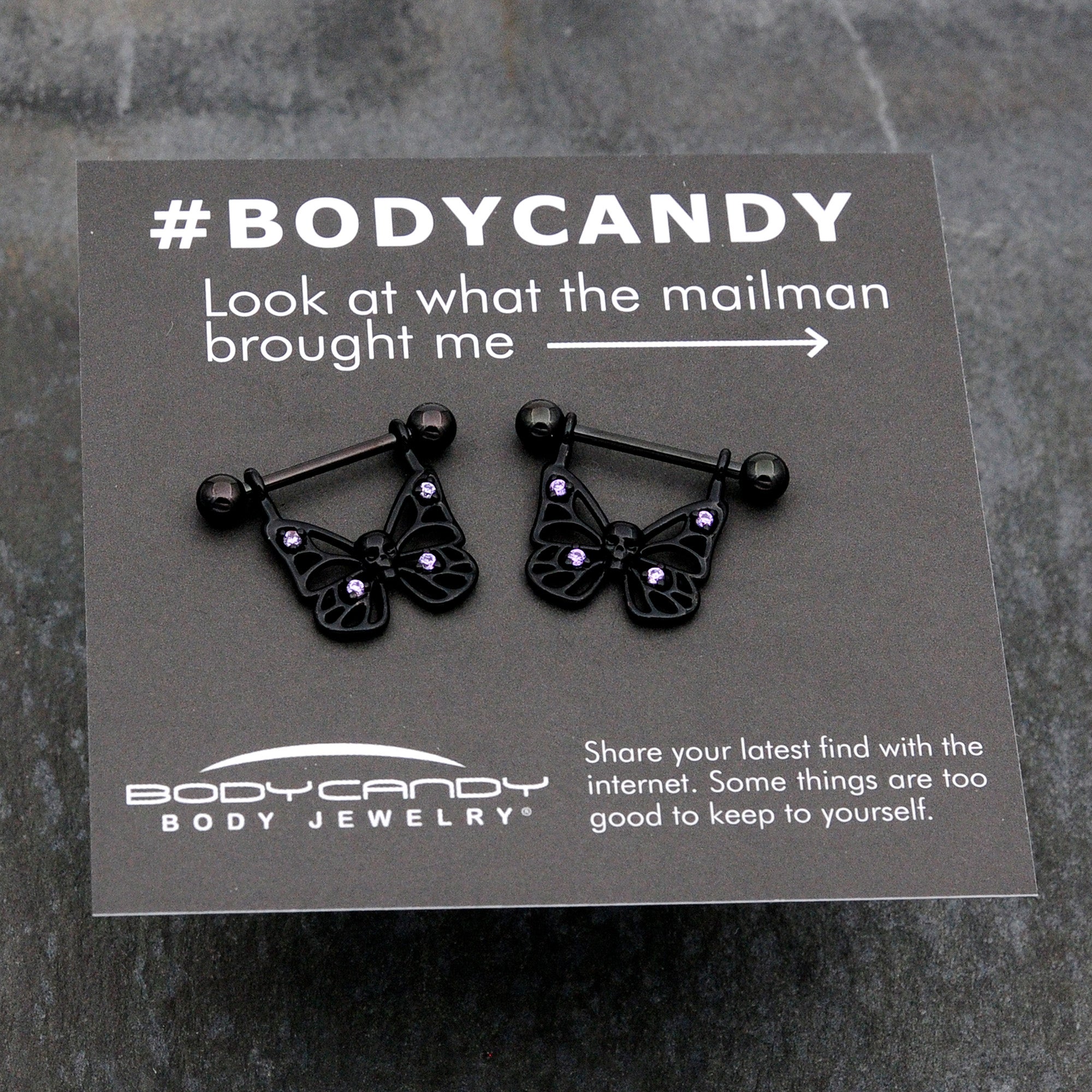 14G 11/16 Purple CZ Gem Black Skull Butterfly Dangle Nipple Ring Set
