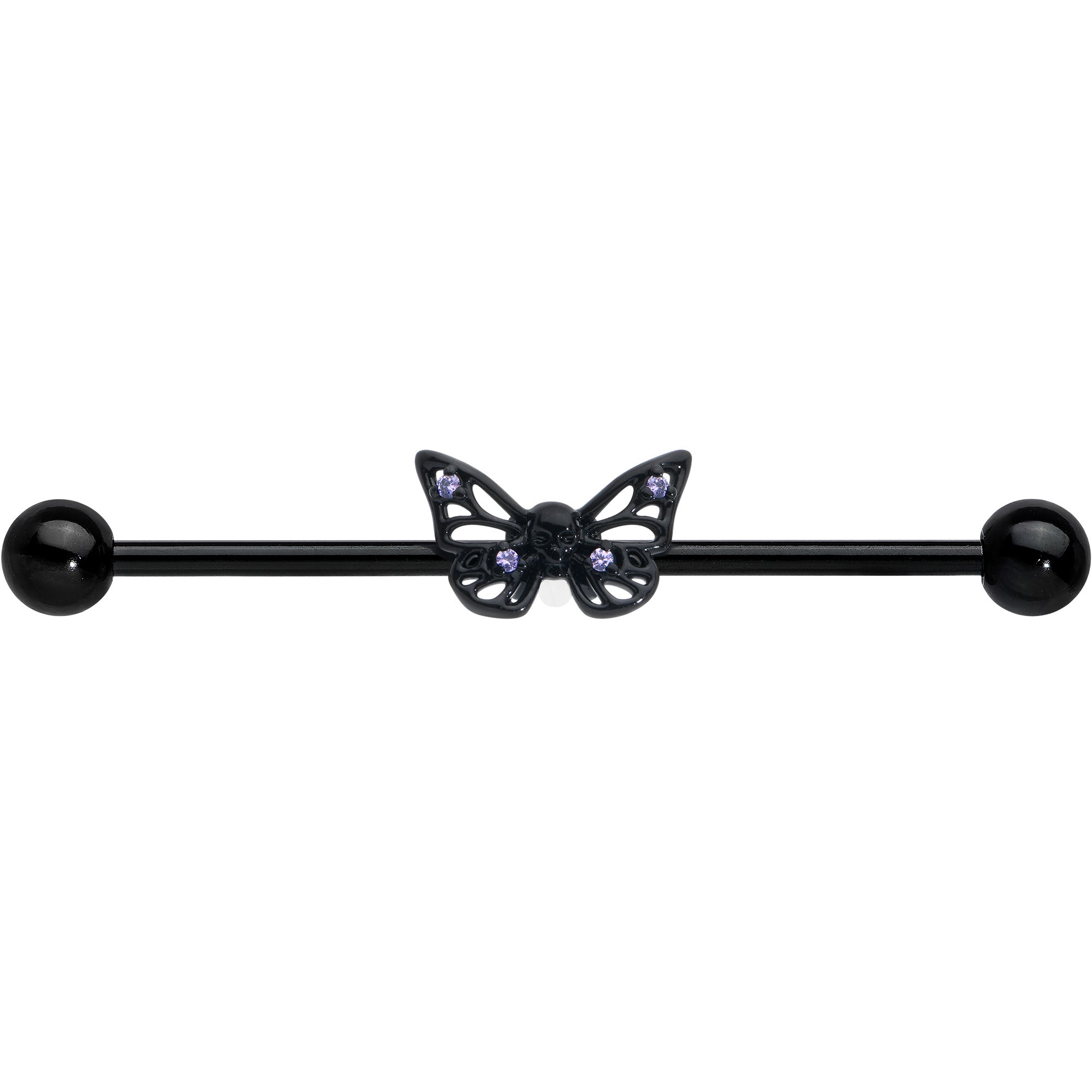 14G Purple CZ Gem Black Skull Butterfly Industrial Barbell 38mm