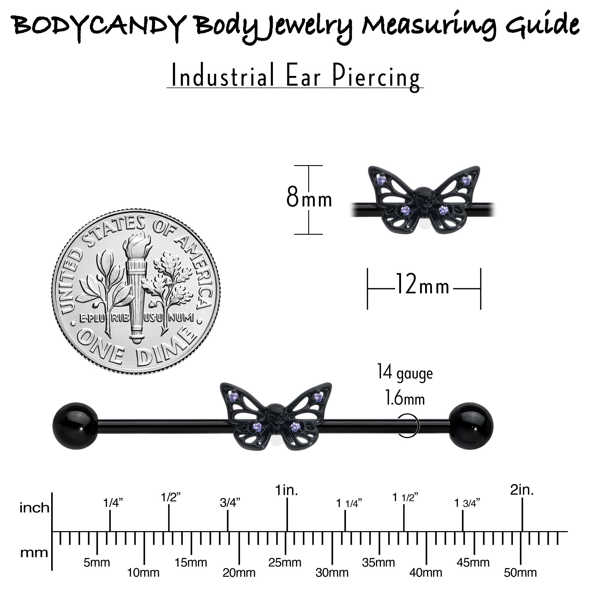 14G Purple CZ Gem Black Skull Butterfly Industrial Barbell 38mm