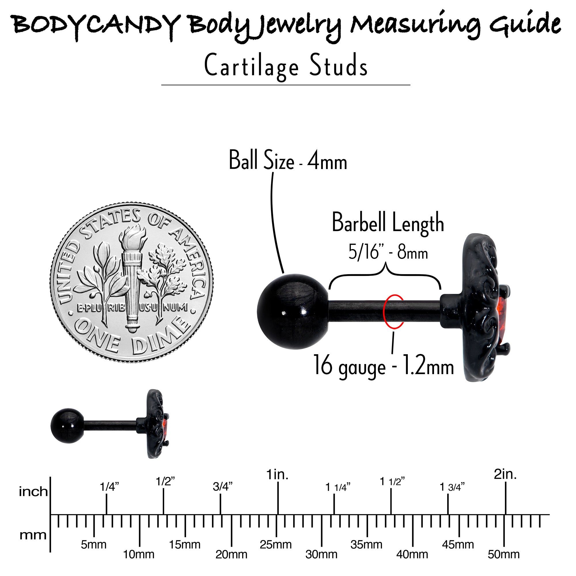 16G 1/4 Red CZ Gem Black Scroll Moon Heart Cartilage Tragus Earring