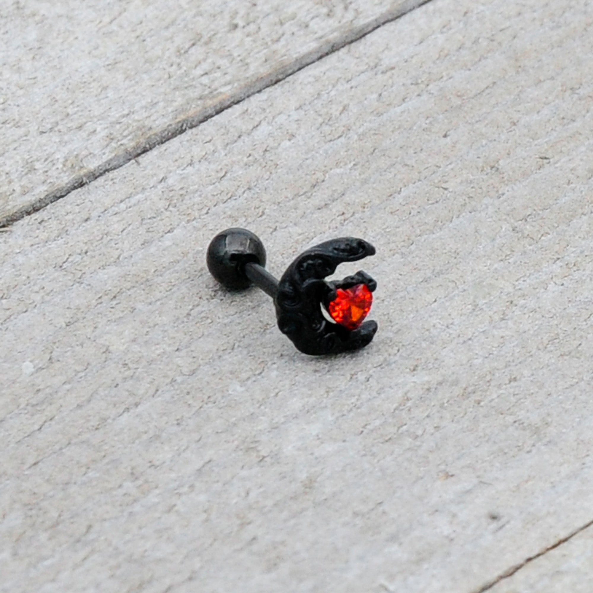 16G 1/4 Red CZ Gem Black Scroll Moon Heart Cartilage Tragus Earring