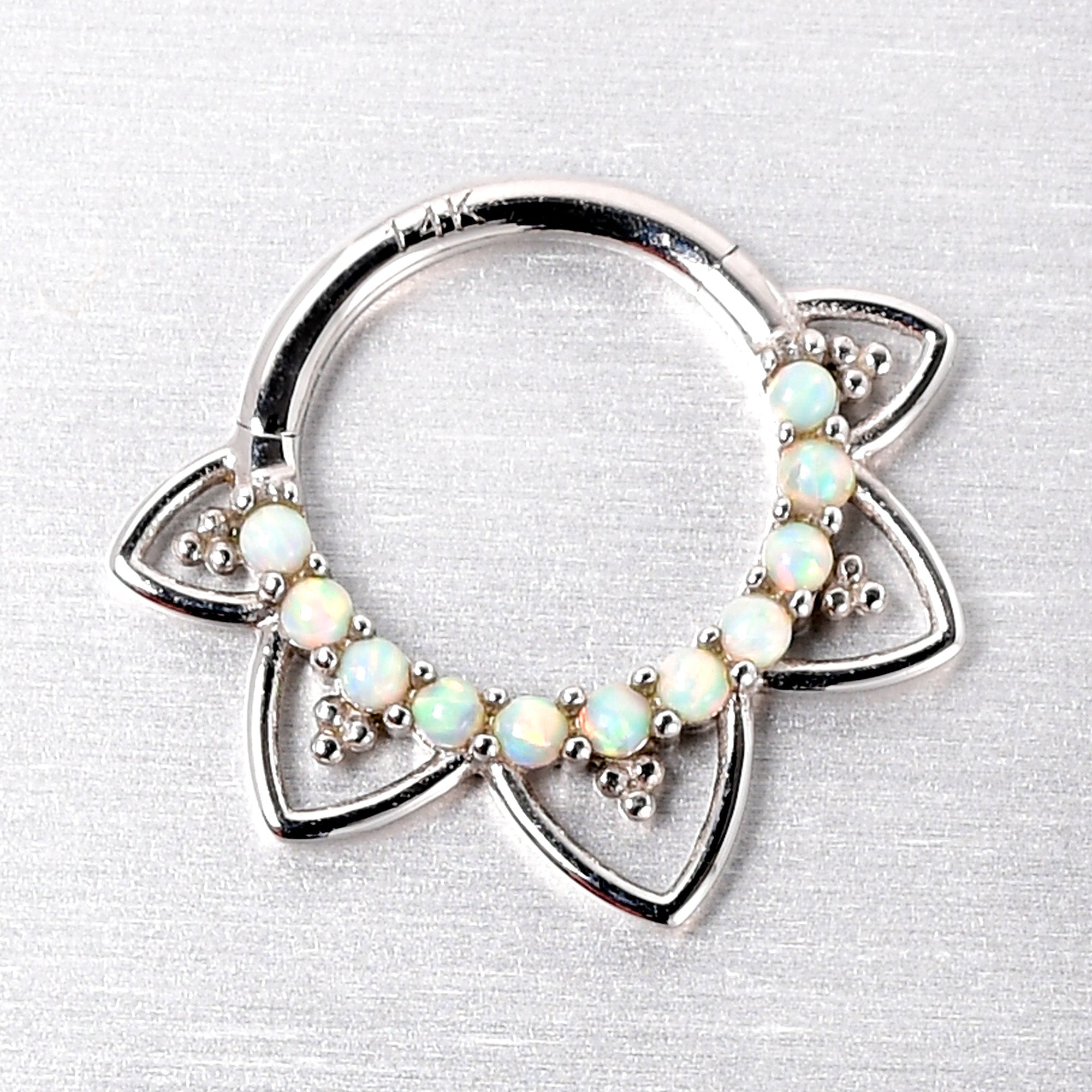 16G 5/16 White Synthetic Opal 14k White Gold Filigree Hinged Segment Ring