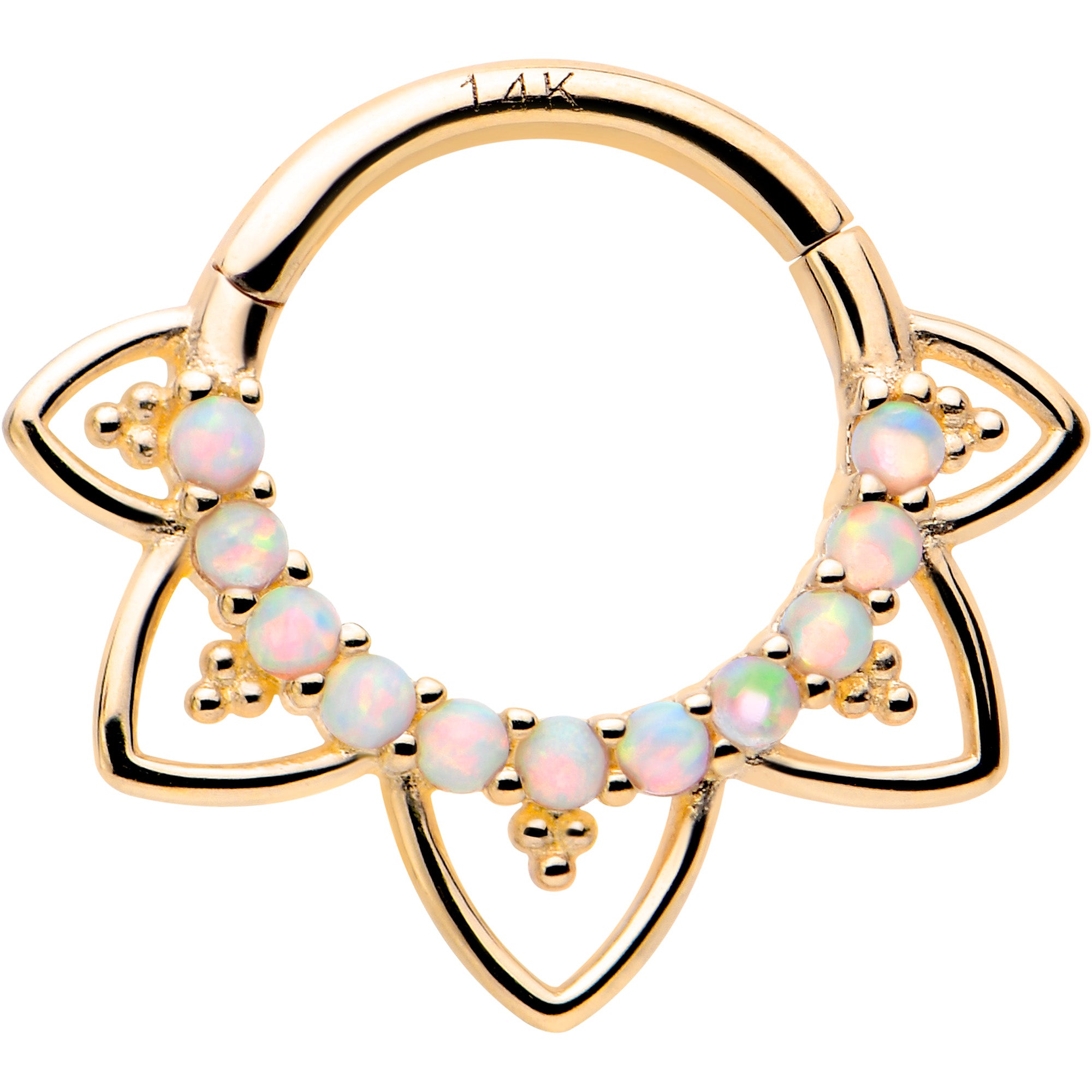 16G 5/16 White Synthetic Opal 14k Yellow Gold Filigree Hinged Segment Ring