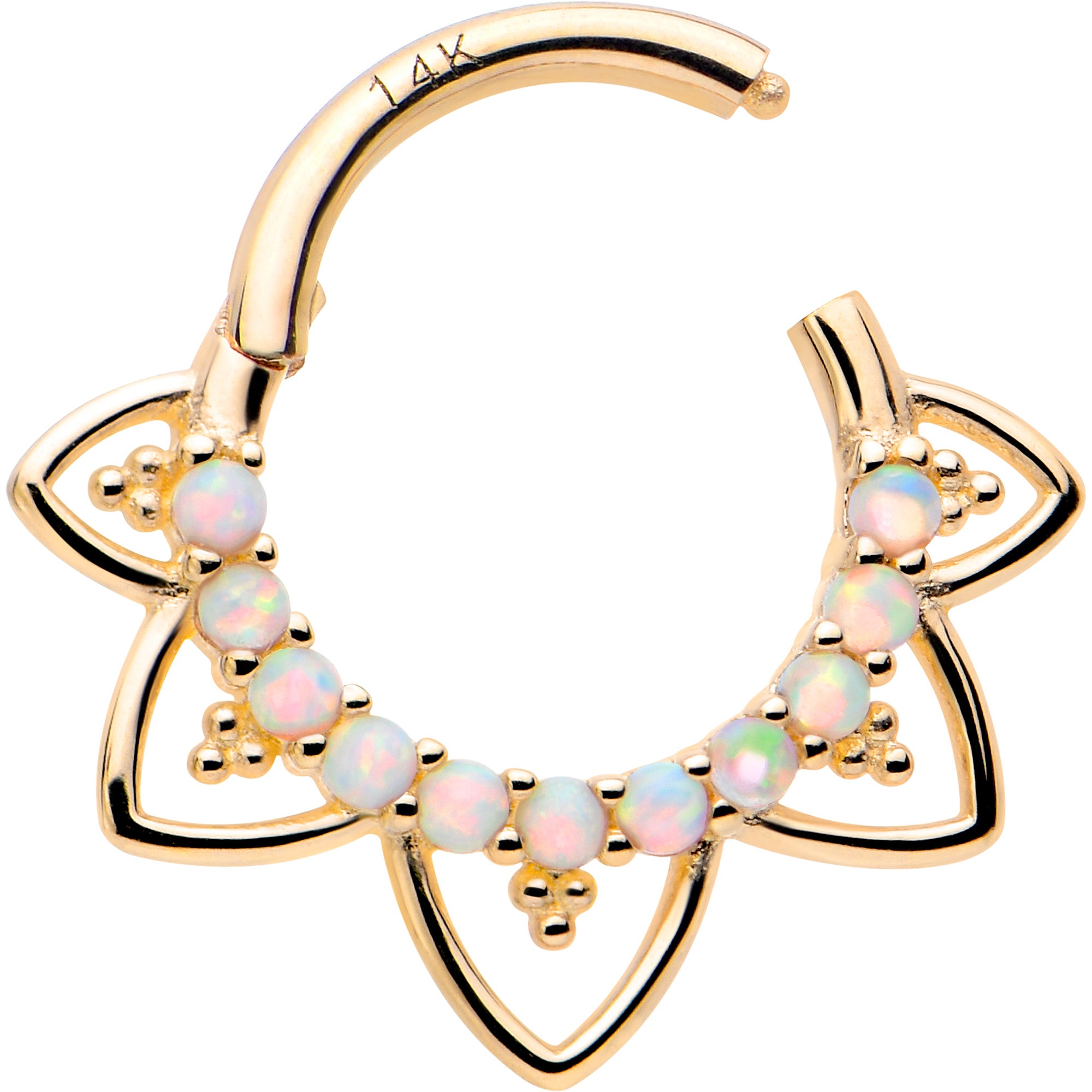 16G 5/16 White Synthetic Opal 14k Yellow Gold Filigree Hinged Segment Ring