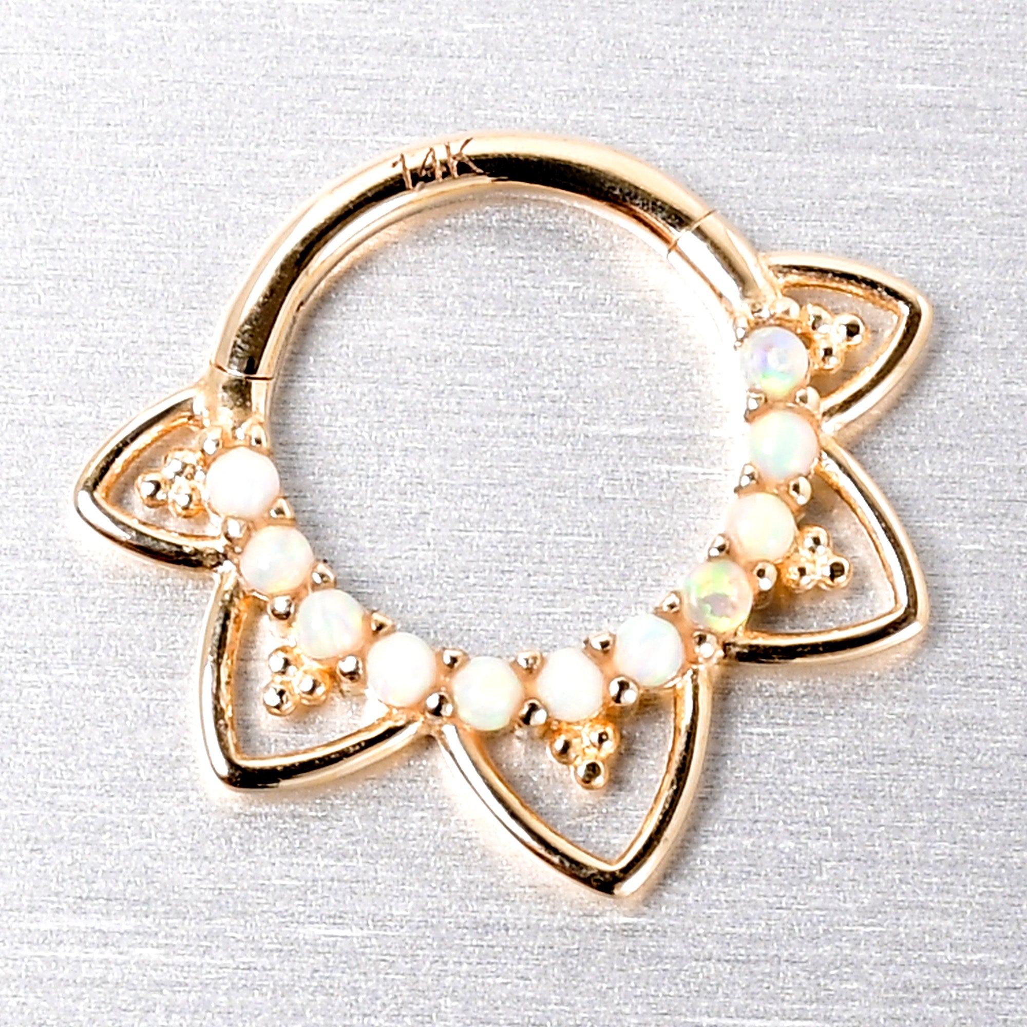 16G 5/16 White Synthetic Opal 14k Yellow Gold Filigree Hinged Segment Ring