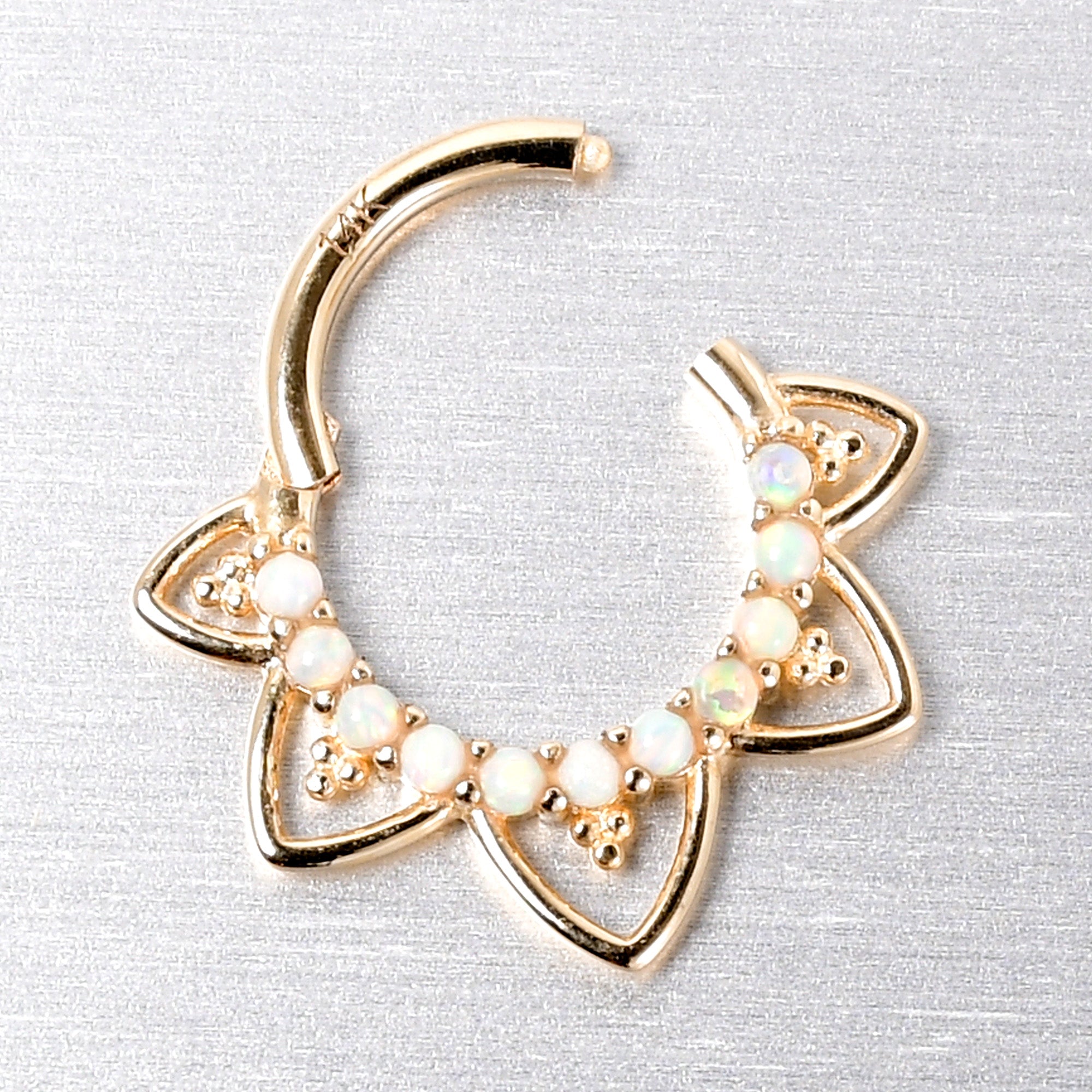 16G 5/16 White Synthetic Opal 14k Yellow Gold Filigree Hinged Segment Ring