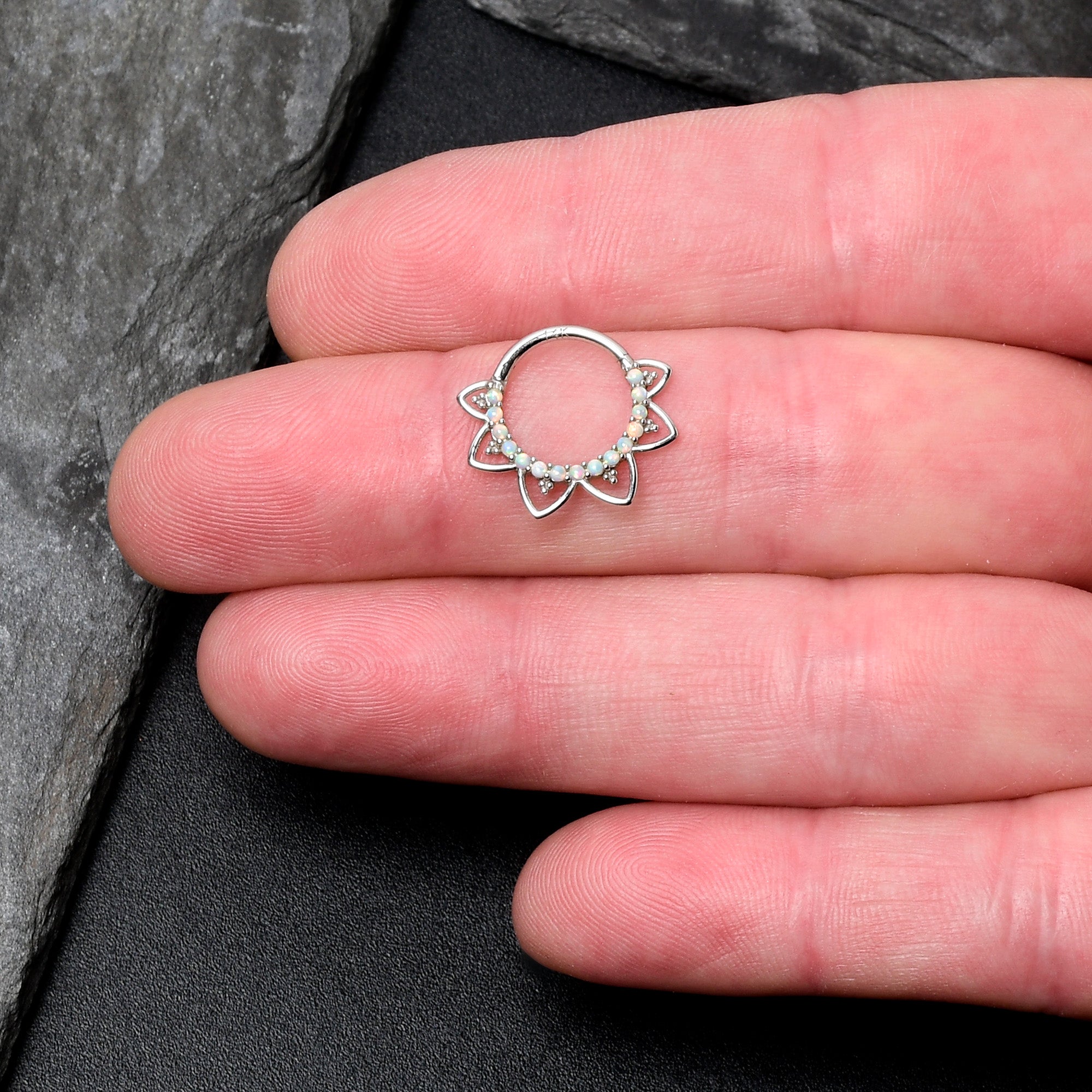 16G 3/8 White Synthetic Opal 14k White Gold Filigree Hinged Segment Ring