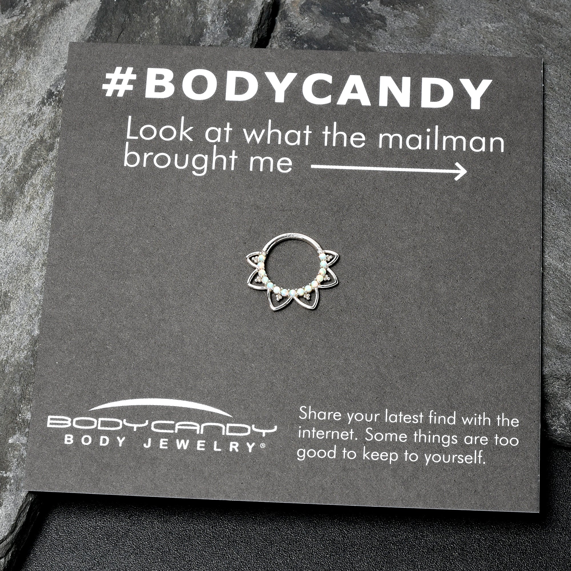 16G 3/8 White Synthetic Opal 14k White Gold Filigree Hinged Segment Ring