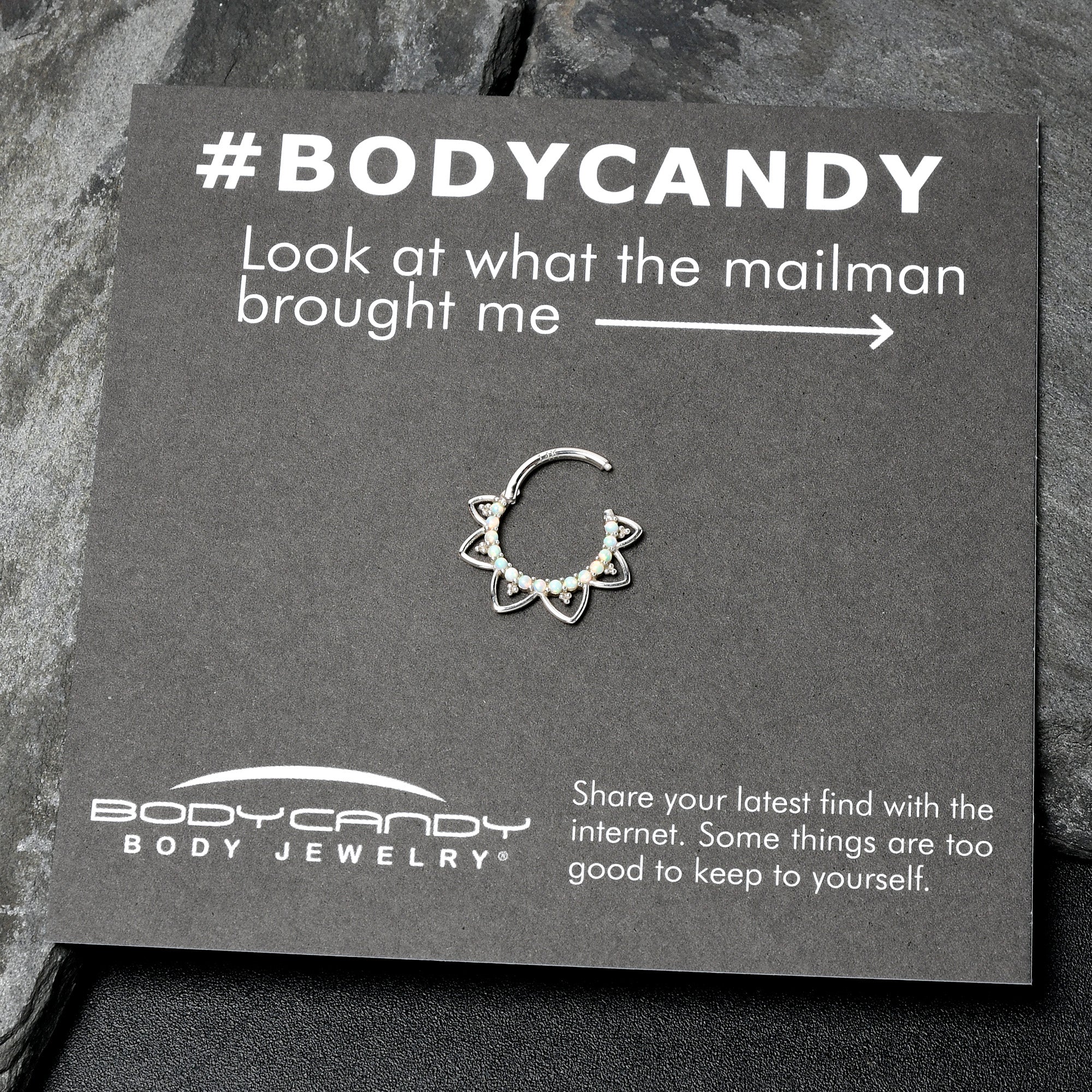 16G 3/8 White Synthetic Opal 14k White Gold Filigree Hinged Segment Ring