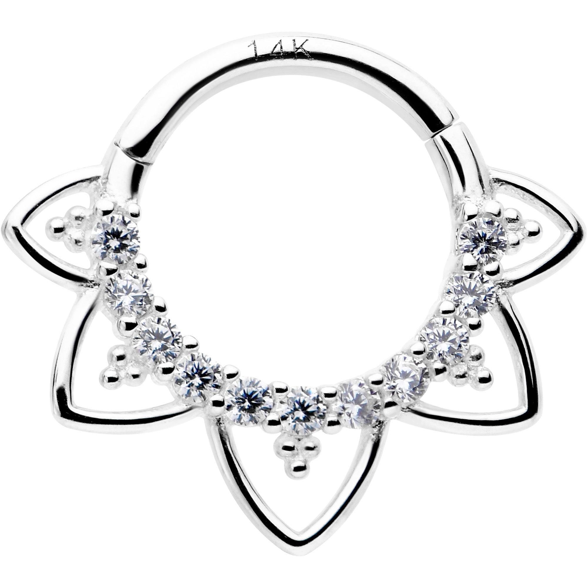 16G 5/16 Clear CZ Gem 14k White Gold Filigree Hinged Segment Ring