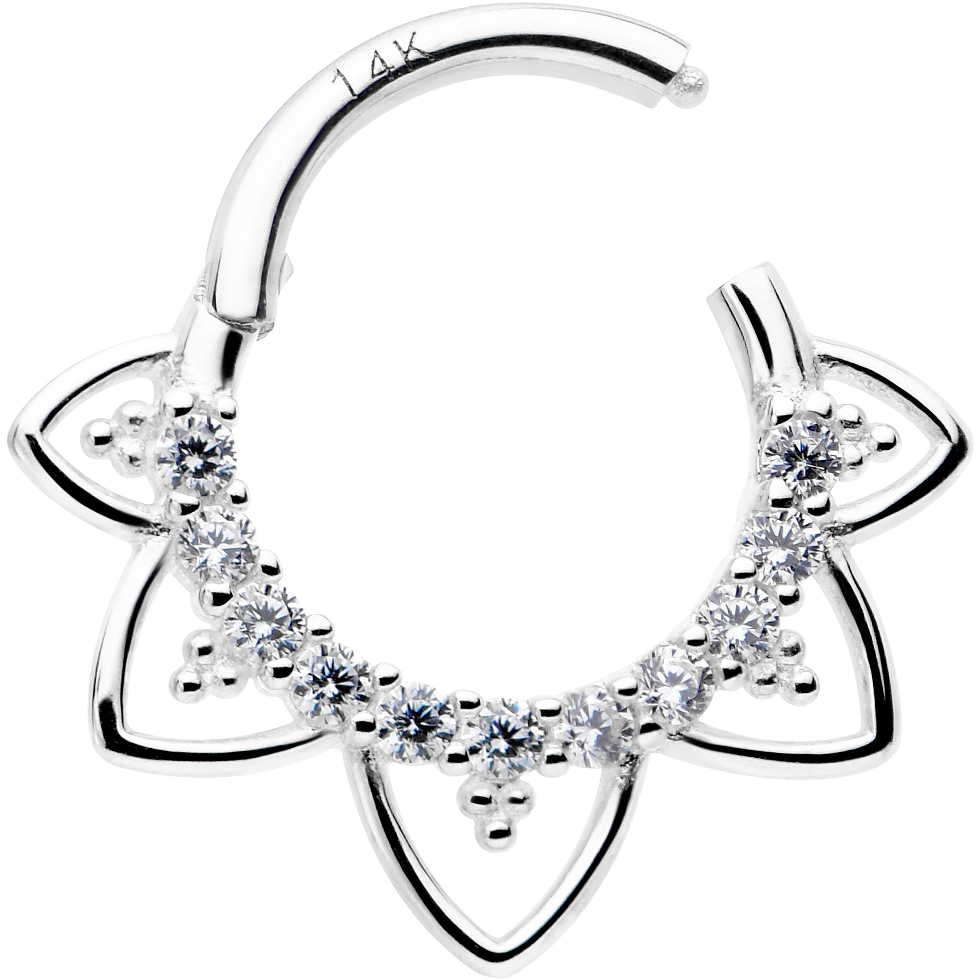 16G 5/16 Clear CZ Gem 14k White Gold Filigree Hinged Segment Ring