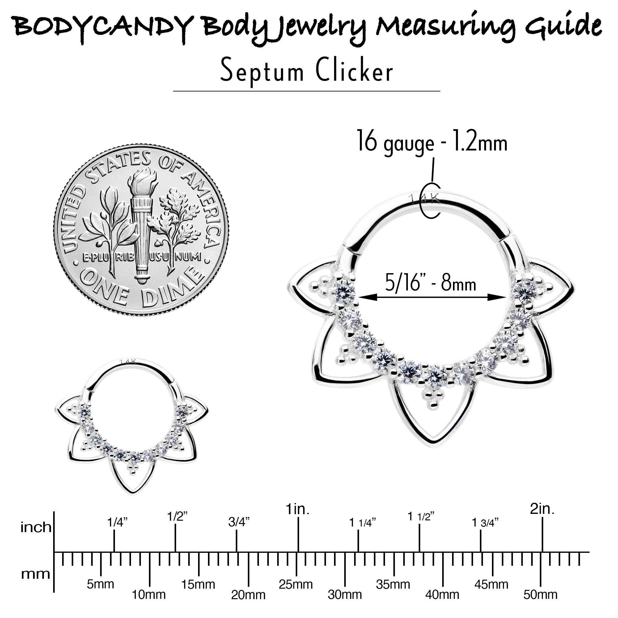 16G 5/16 Clear CZ Gem 14k White Gold Filigree Hinged Segment Ring