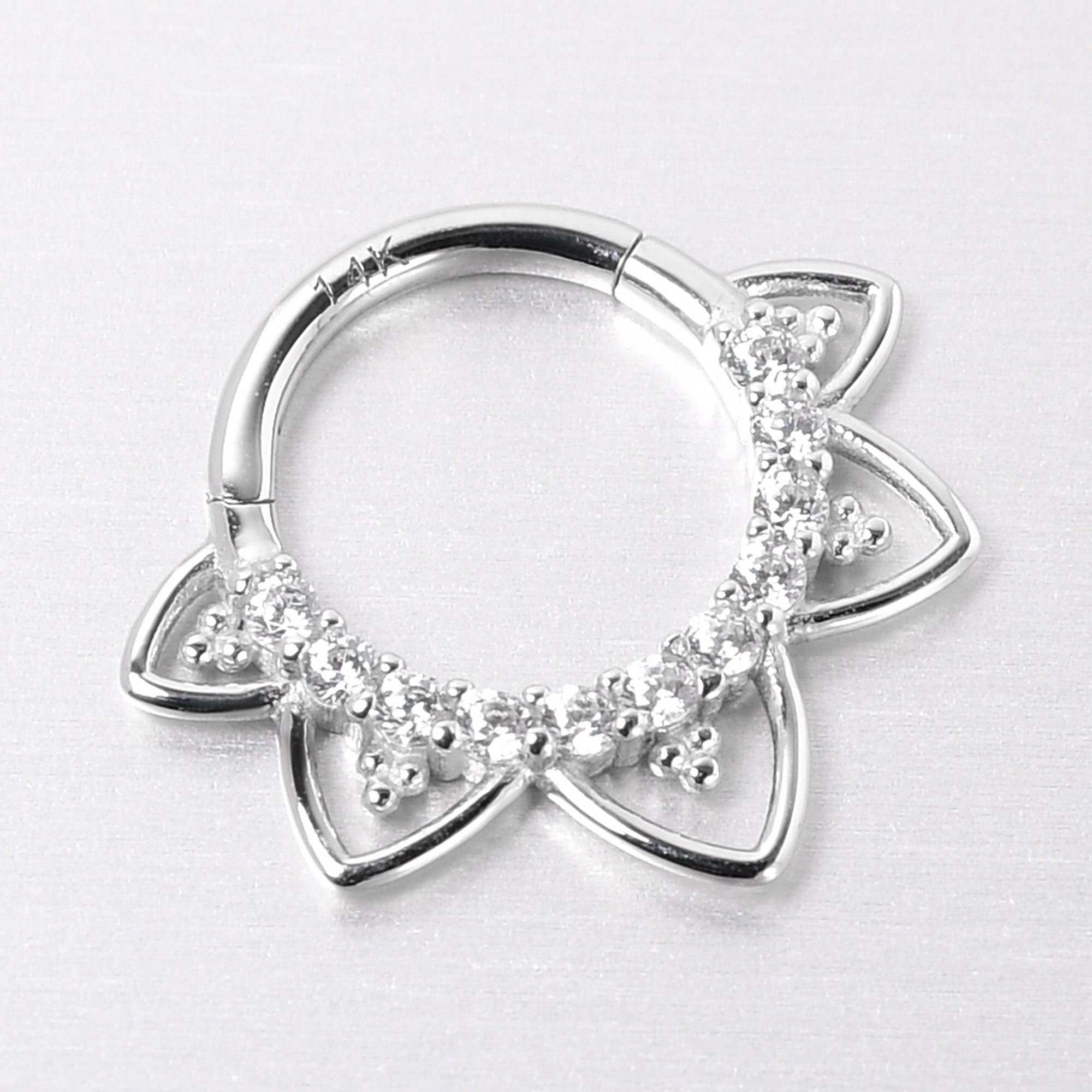 16G 5/16 Clear CZ Gem 14k White Gold Filigree Hinged Segment Ring