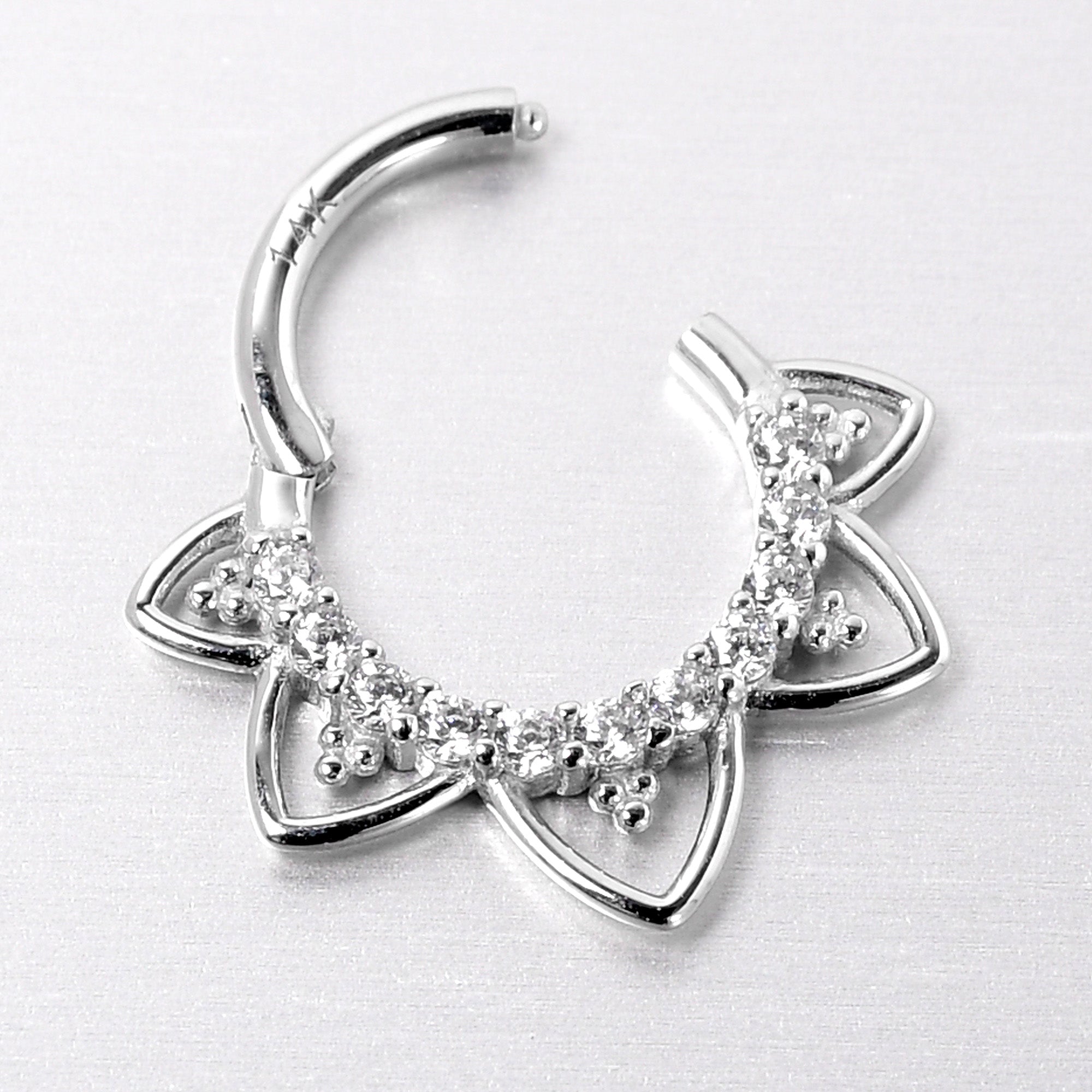 16G 5/16 Clear CZ Gem 14k White Gold Filigree Hinged Segment Ring