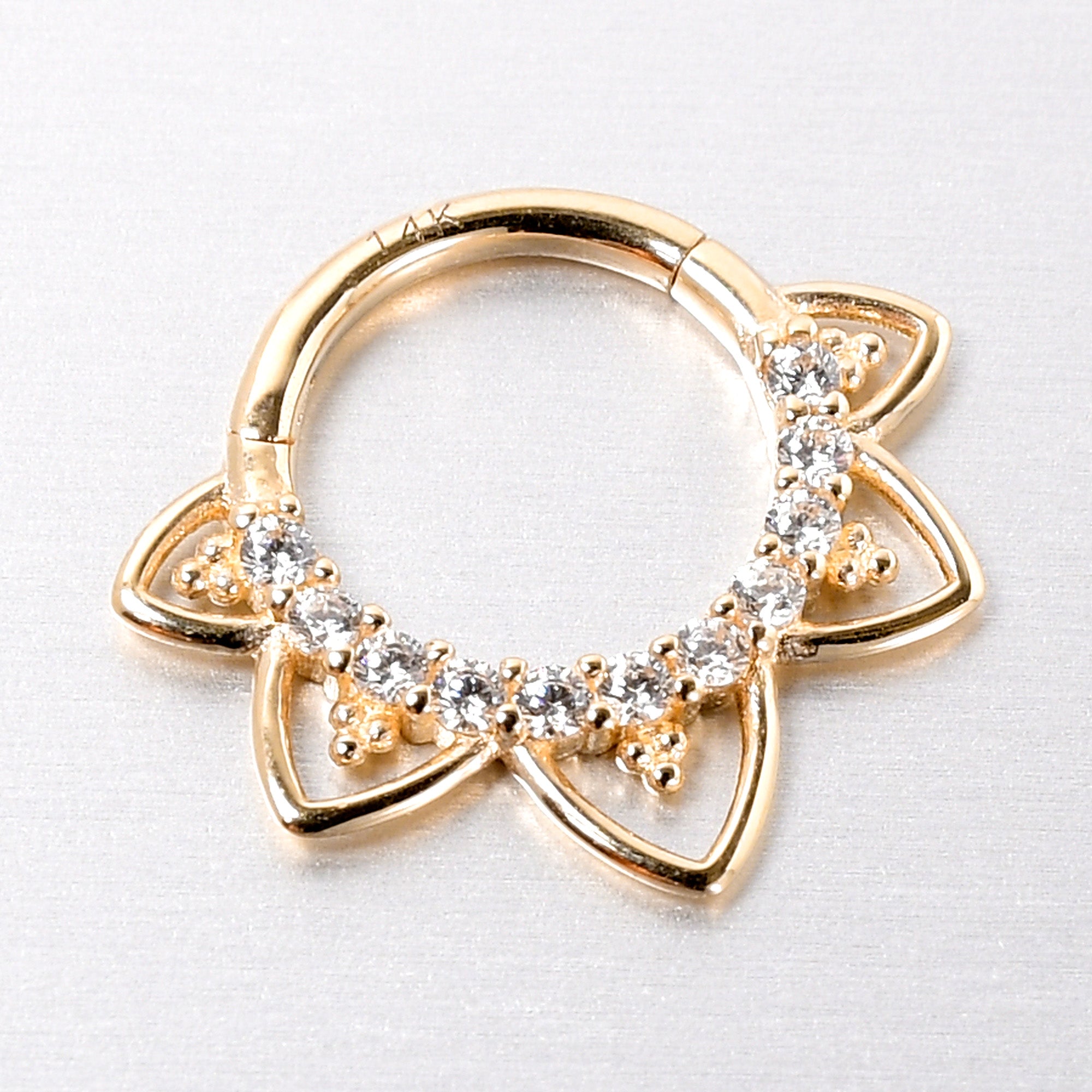 16G 5/16 Clear CZ Gem 14k Yellow Gold Filigree Hinged Segment Ring