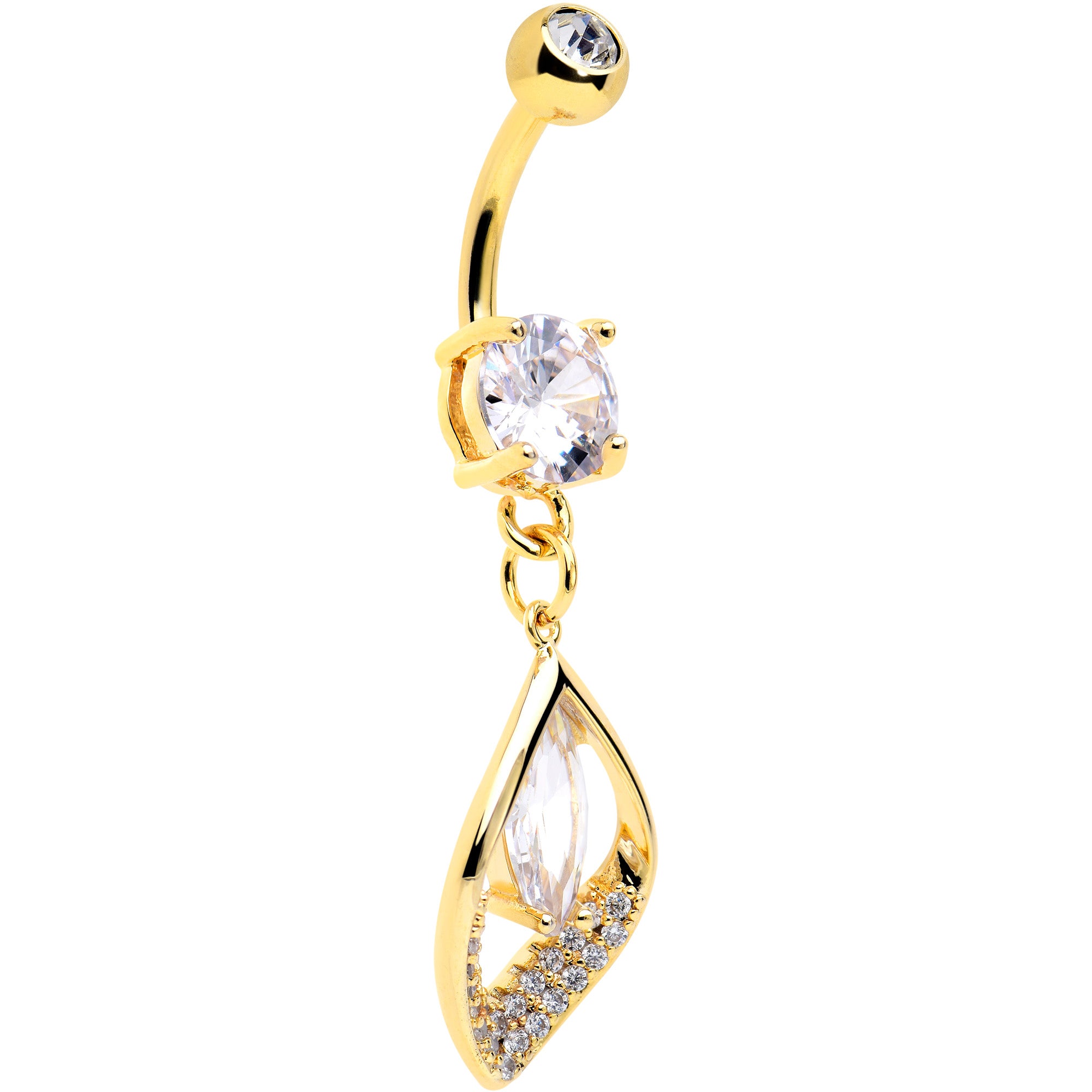 Clear CZ Gem Gold Tone Lush Leaf Dangle Belly Ring