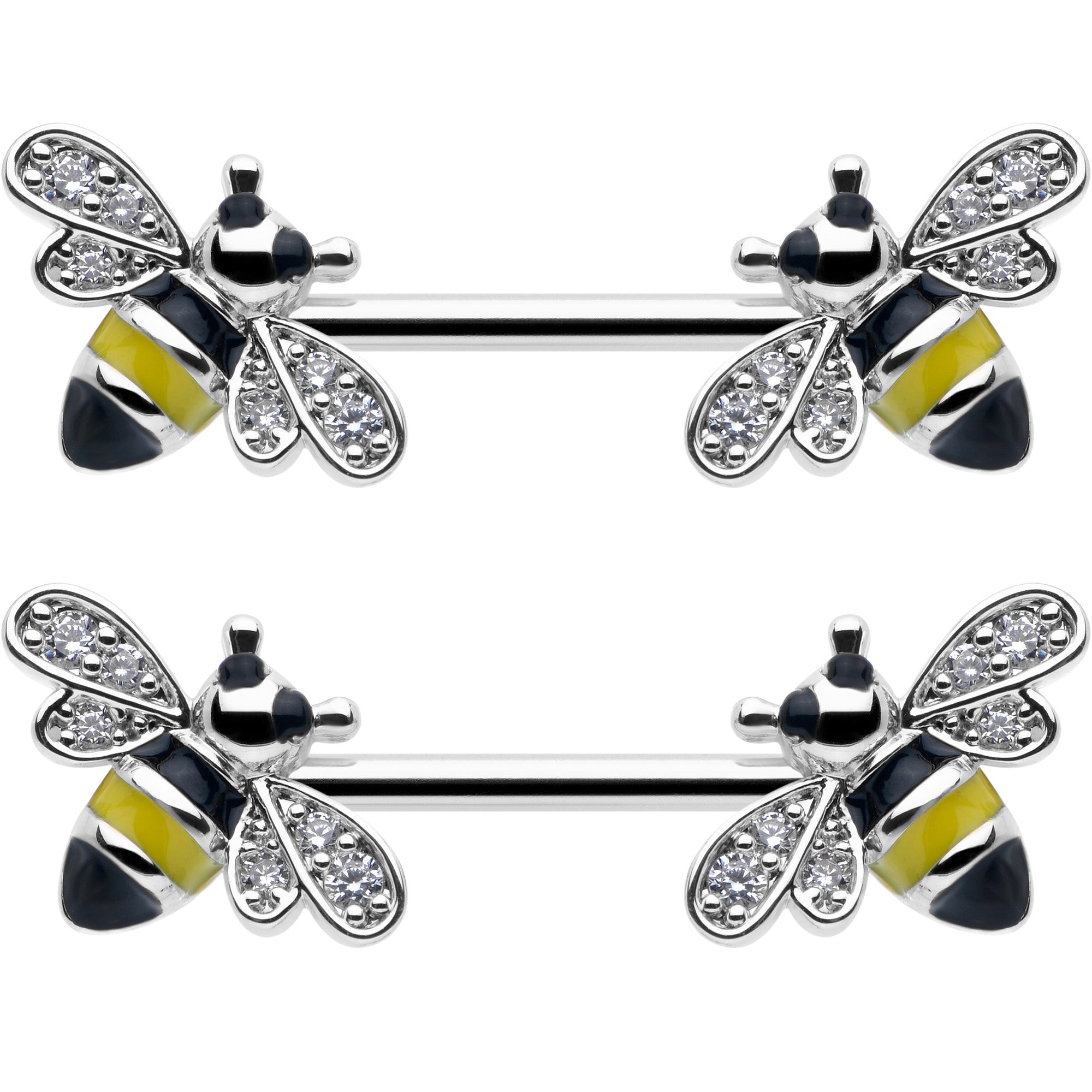 14G 9/16 Clear CZ Gem Honey Bees Barbell Nipple Ring Set