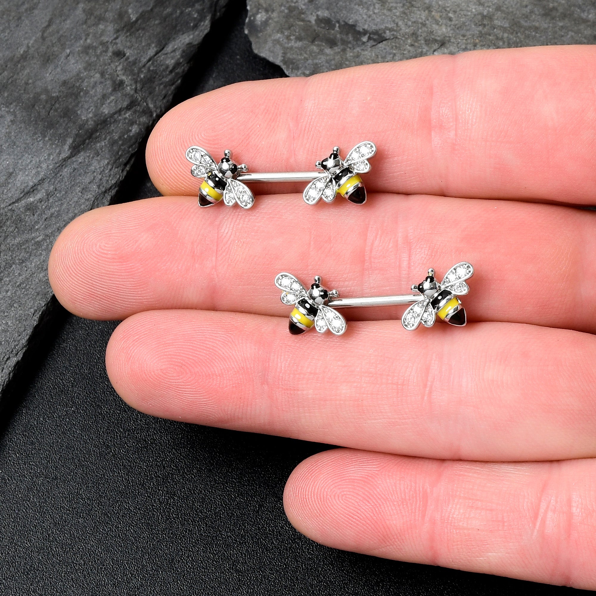 14G 9/16 Clear CZ Gem Honey Bees Barbell Nipple Ring Set