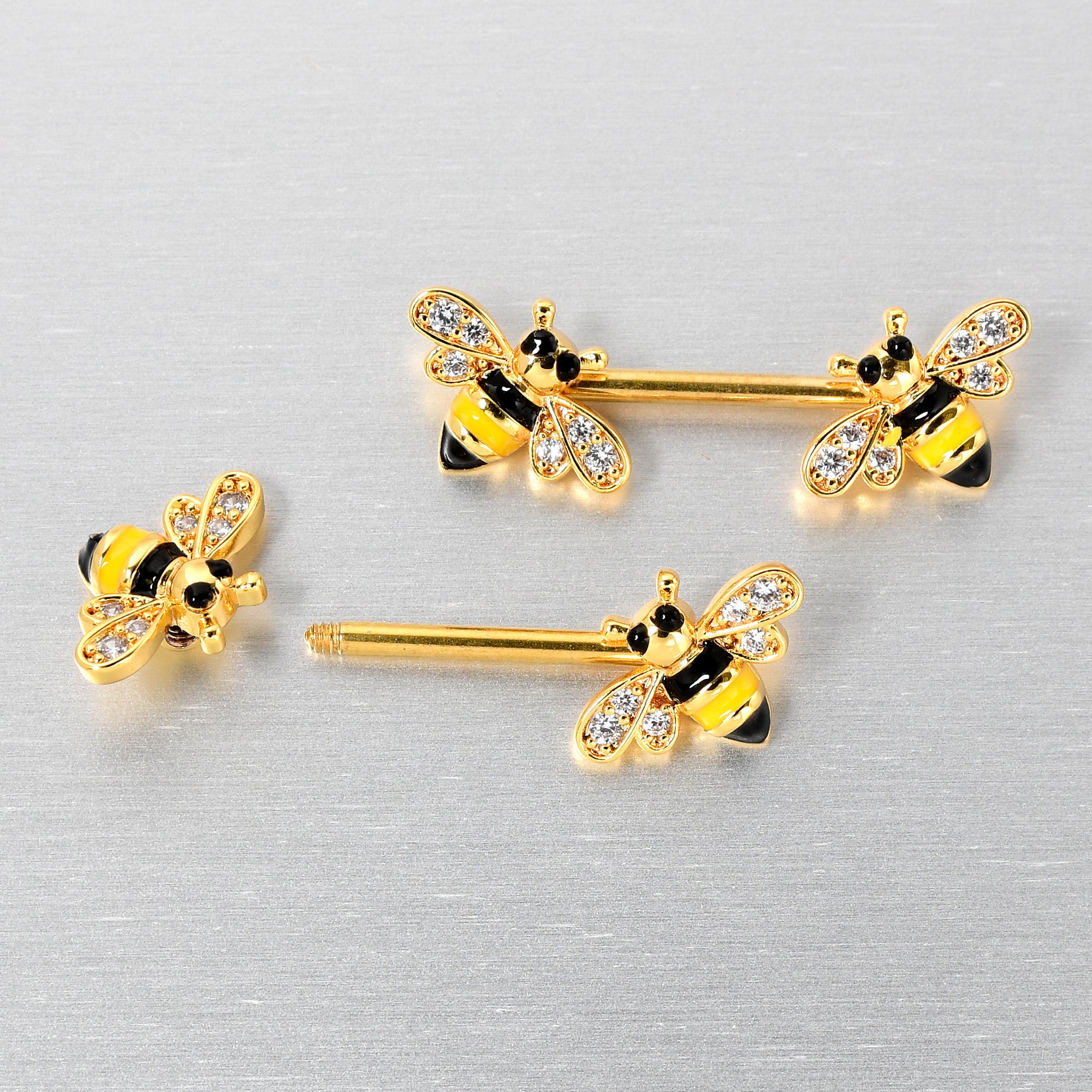 14G 9/16 Clear CZ Gem Gold Hue Honey Bees Barbell Nipple Ring Set