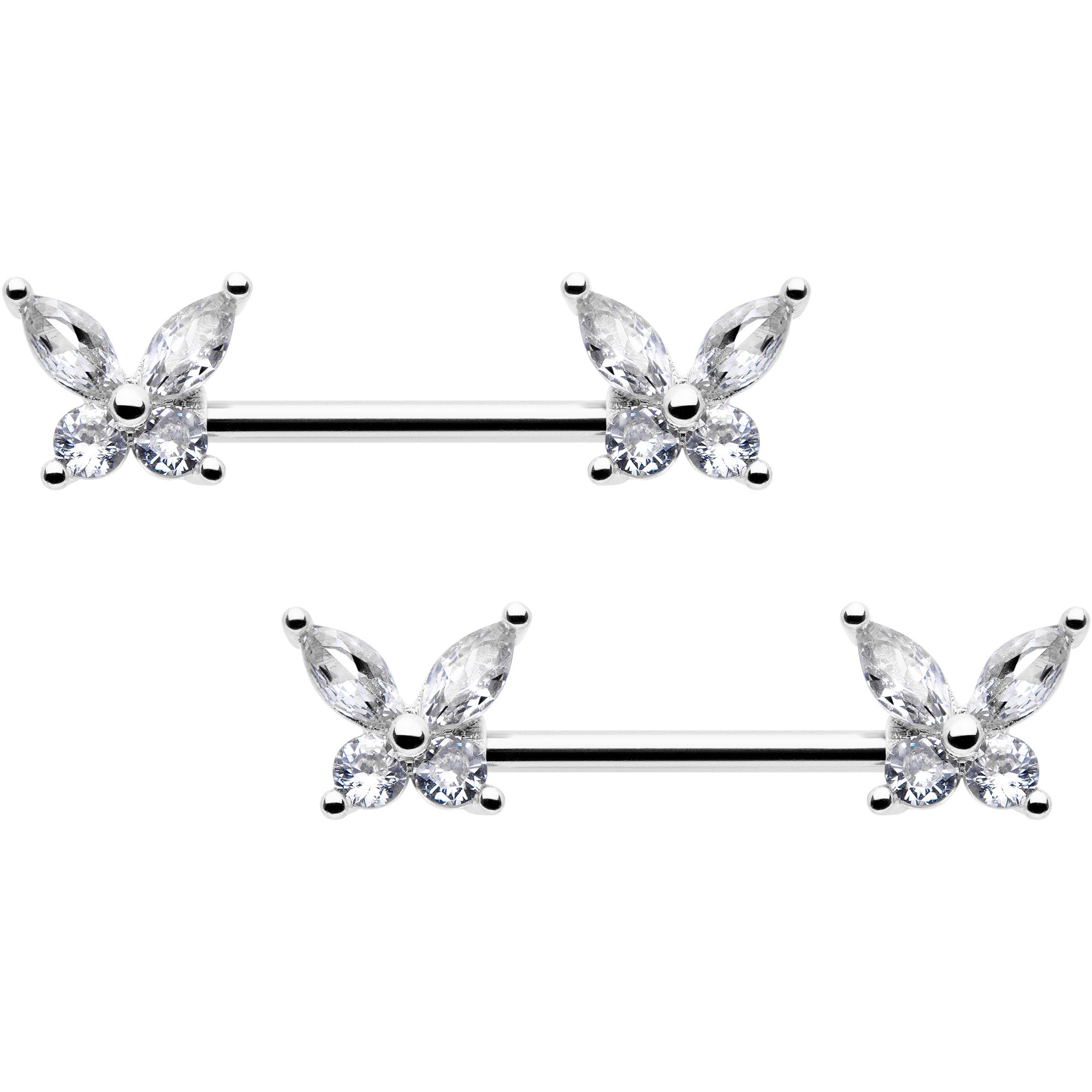14G 9/16 Clear CZ Gem Butterflies Barbell Nipple Ring Set