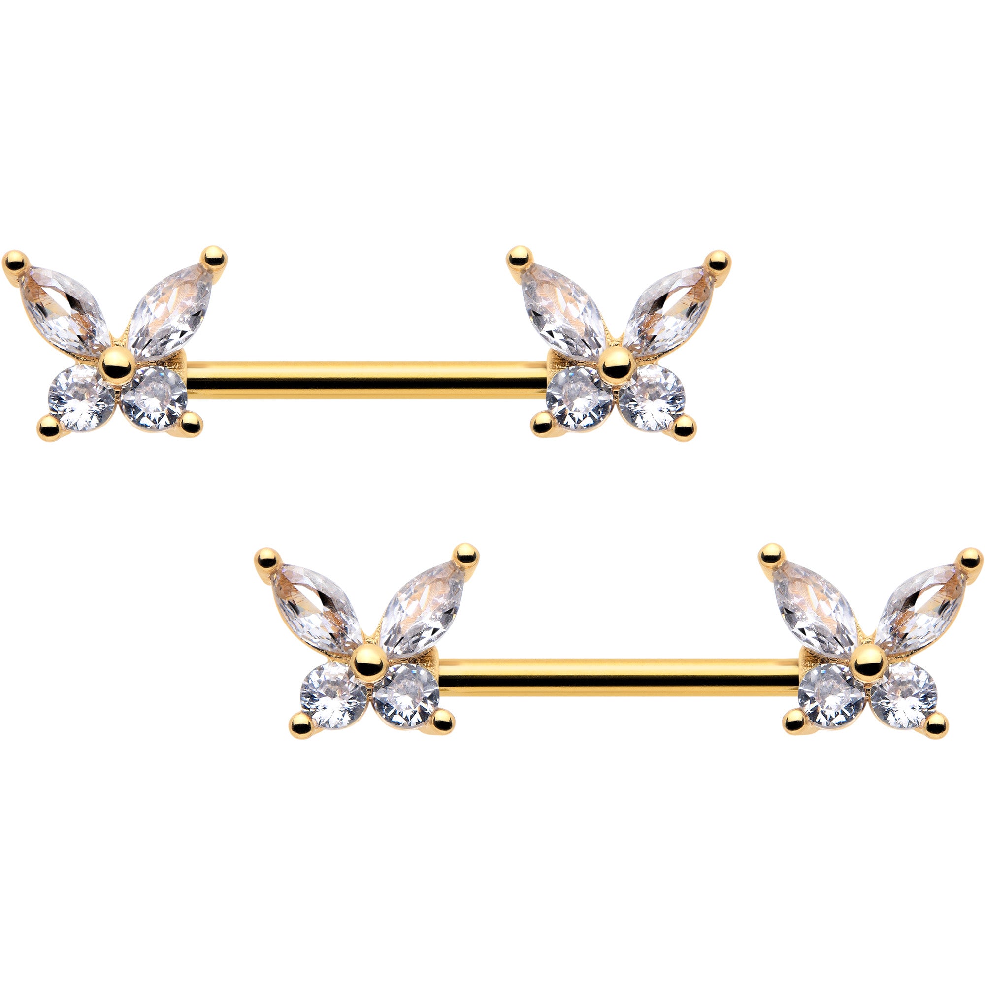 14G 9/16 Clear CZ Gem Gold Tone Butterflies Barbell Nipple Ring Set