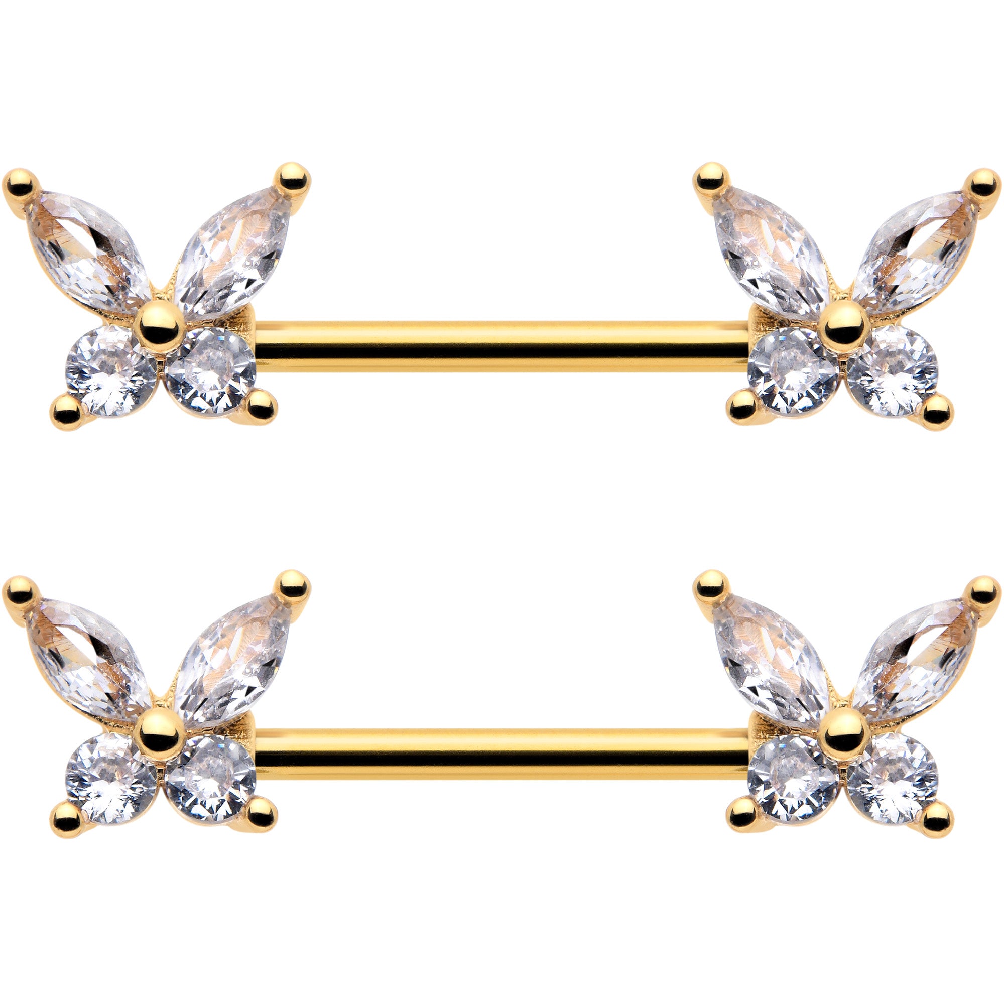 14G 9/16 Clear CZ Gem Gold Tone Butterflies Barbell Nipple Ring Set