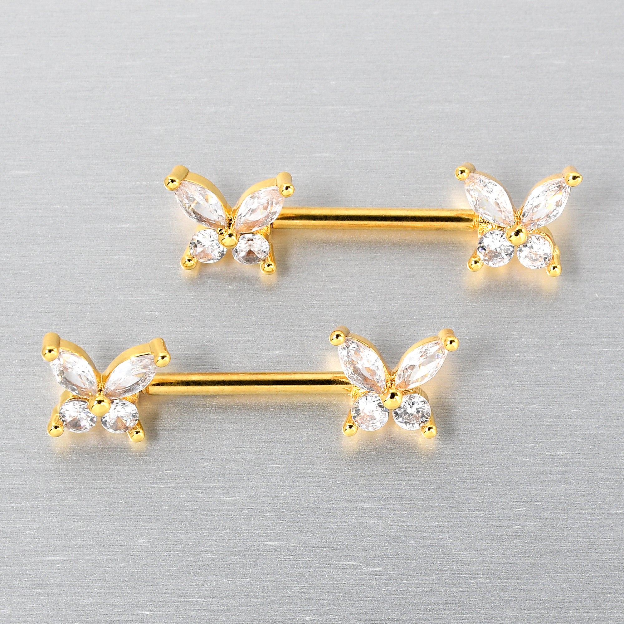 14G 9/16 Clear CZ Gem Gold Tone Butterflies Barbell Nipple Ring Set
