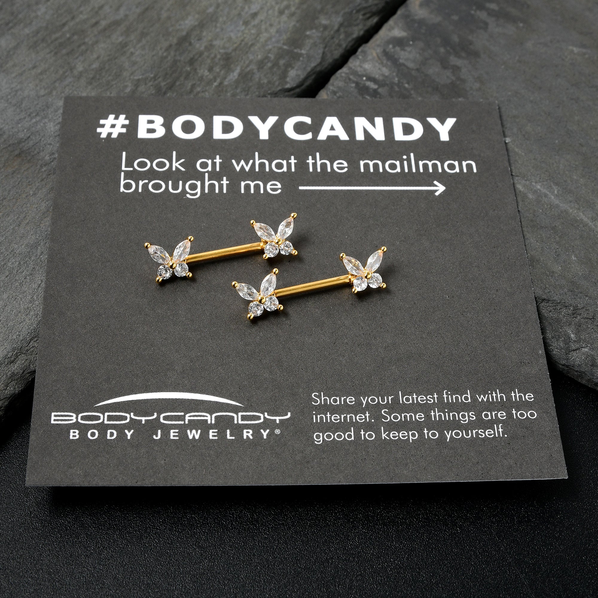 14G 9/16 Clear CZ Gem Gold Tone Butterflies Barbell Nipple Ring Set