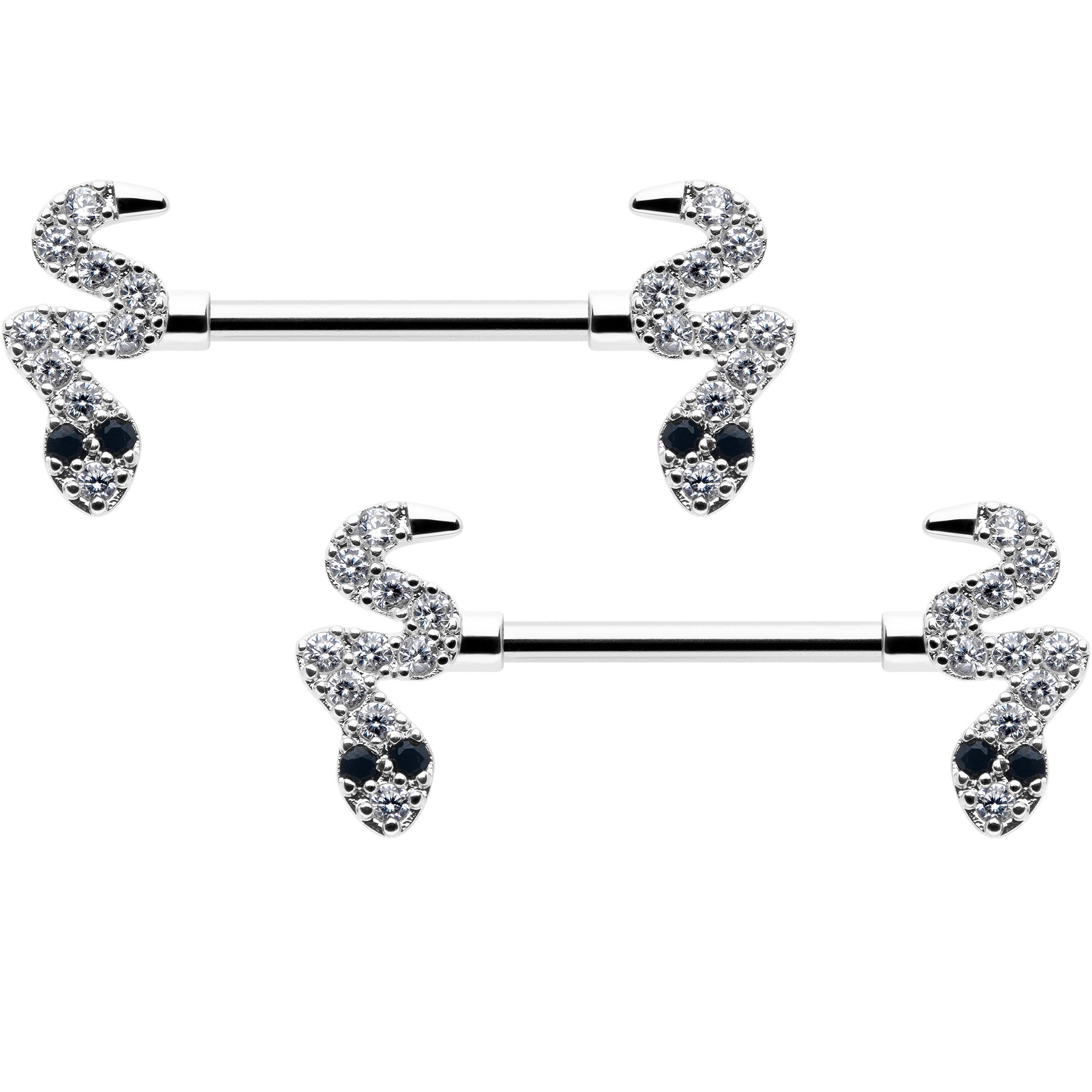 14G 9/16 Clear Black CZ Gem Sexy Snakes Barbell Nipple Ring Set