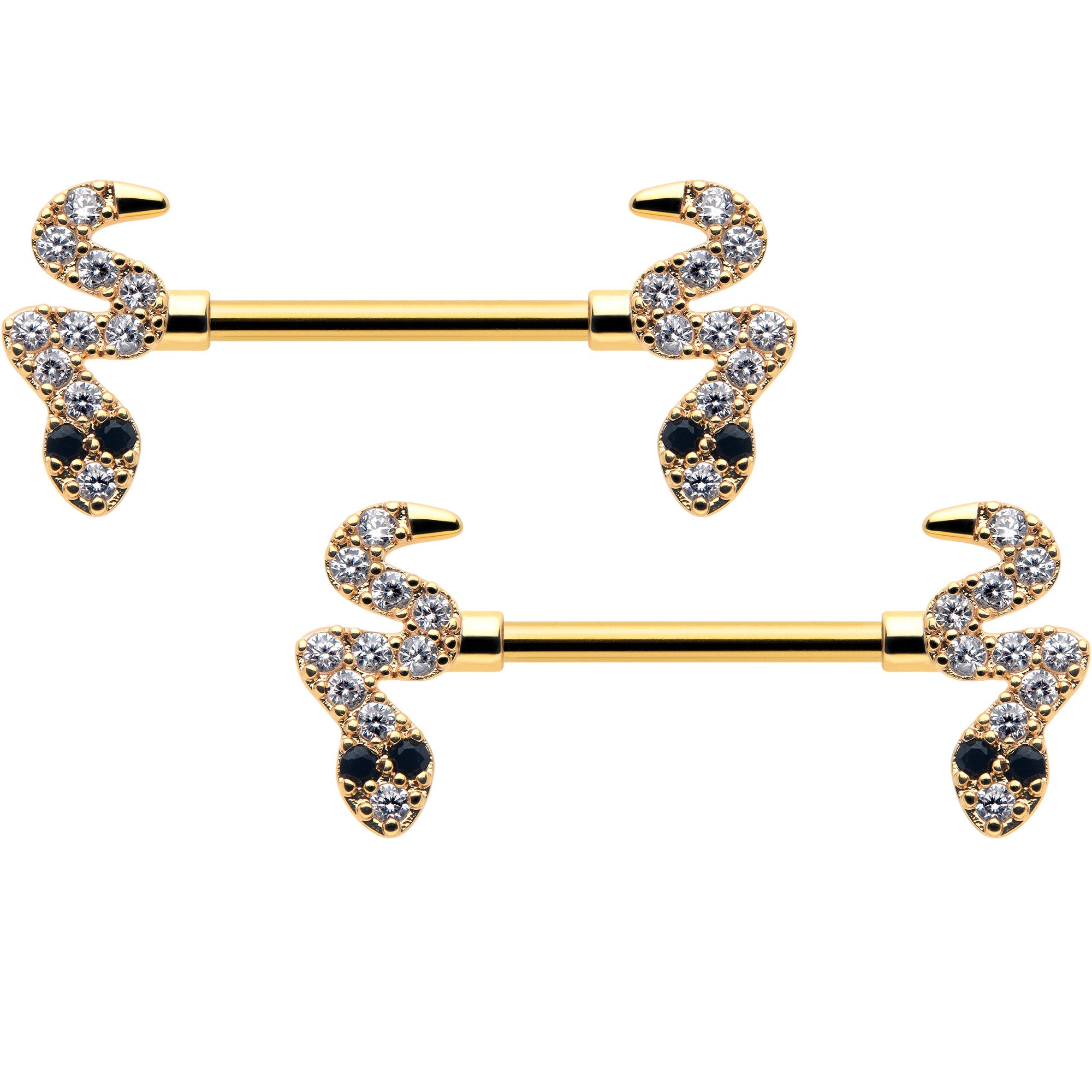 14G 9/16 Clear Black CZ Gem Gold Tone Sexy Snakes Nipple Ring Set