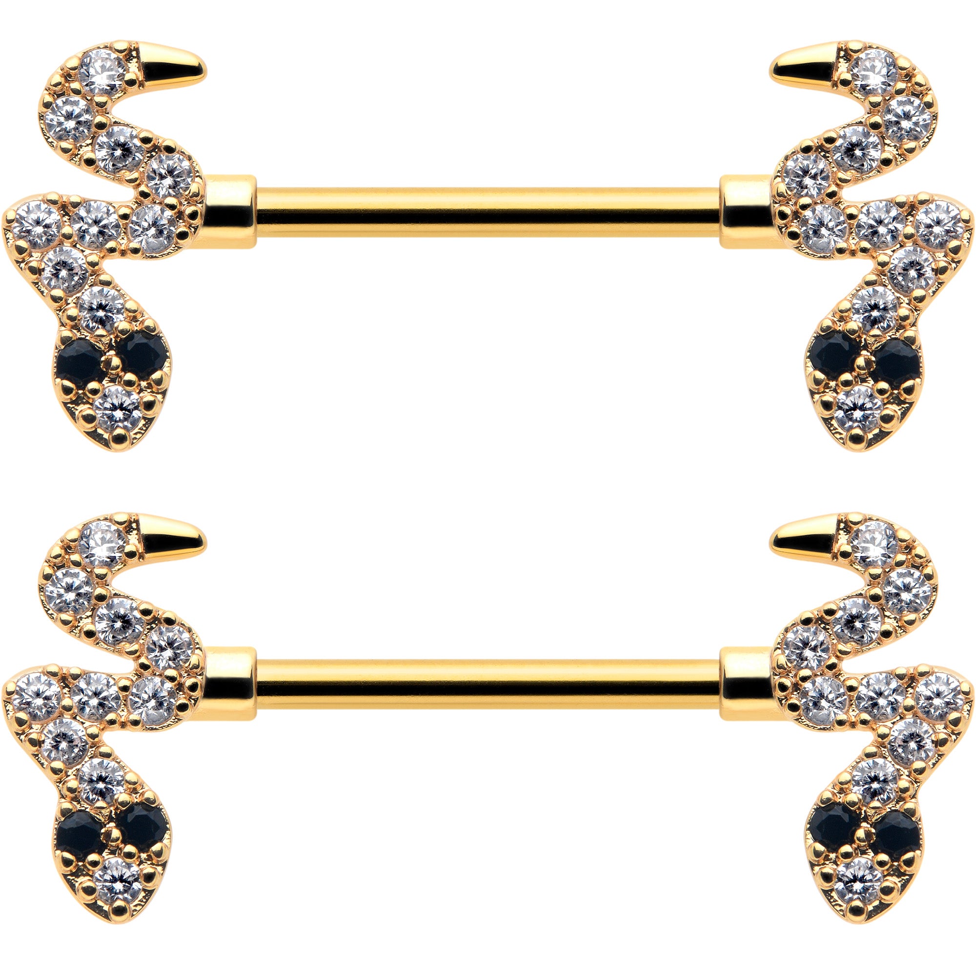 14G 9/16 Clear Black CZ Gem Gold Tone Sexy Snakes Nipple Ring Set